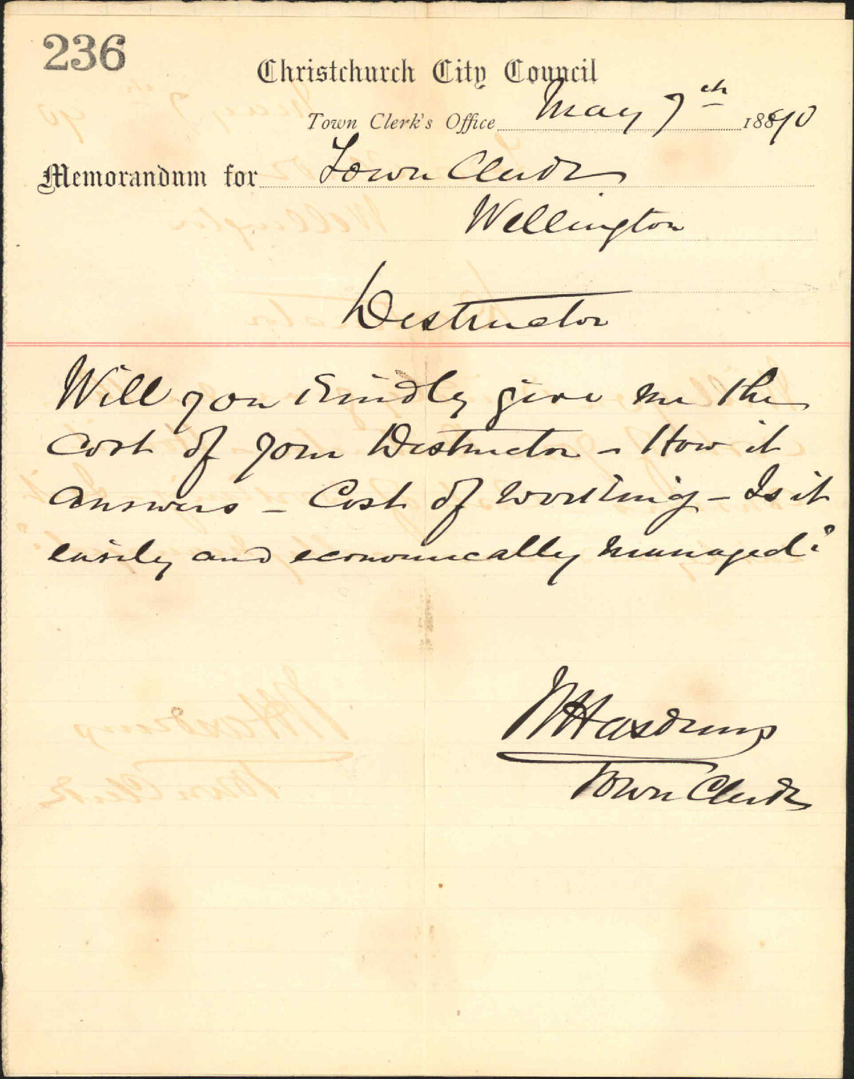 Enquiry regarding destructor - Town Clerk Christchurch