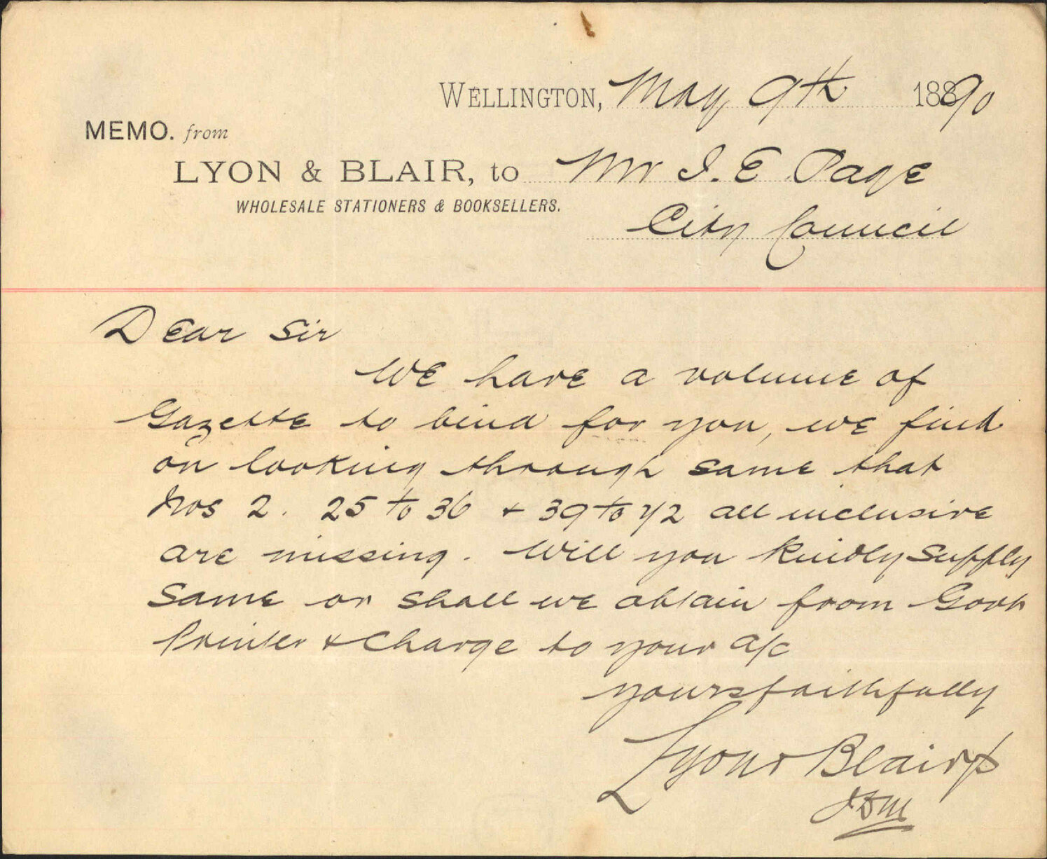 Enquiry regarding gazette - Lyon and Blair