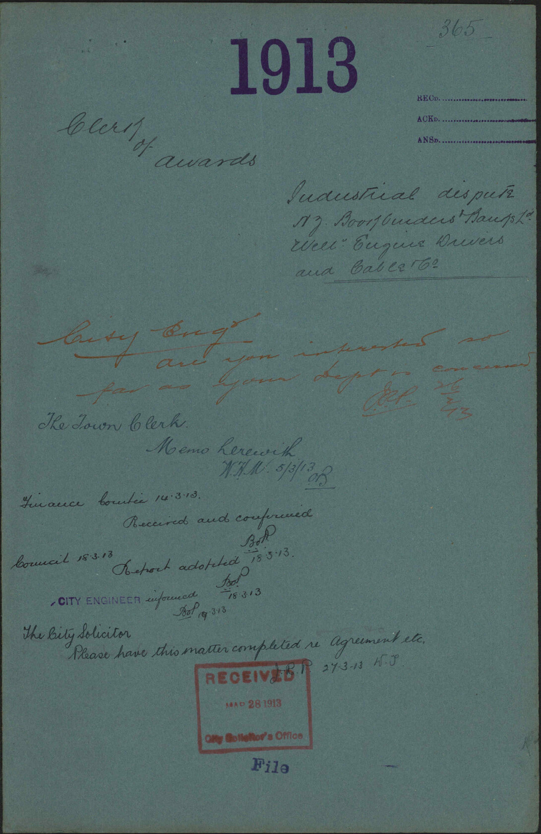 Industrial dispute, New Zealand Bookbinders and Banks Ltd, Wellington Engine Drivers and Cable &amp; Co - Clerk of Awards