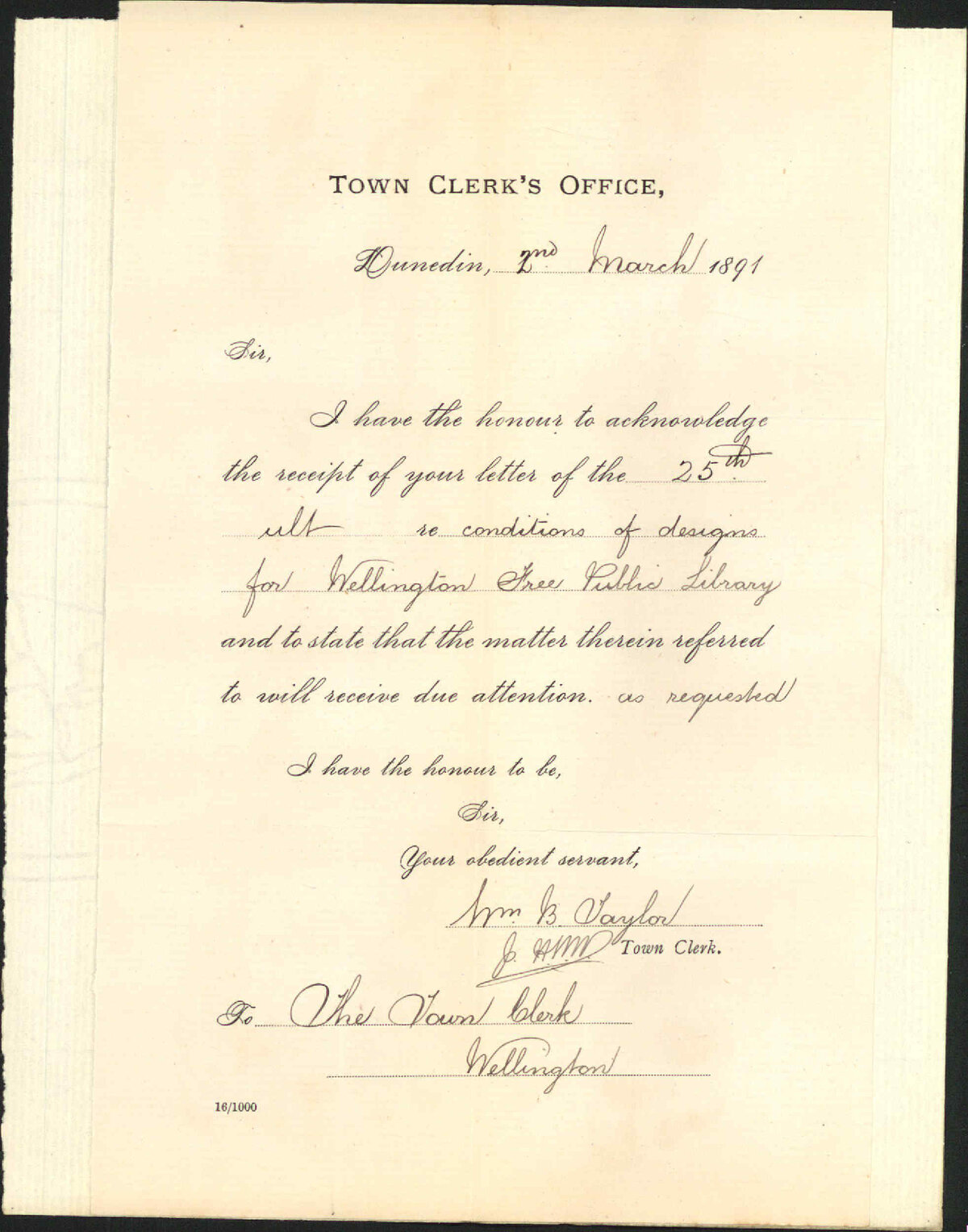 Designs for Public Library - Town Clerk, Dunedin