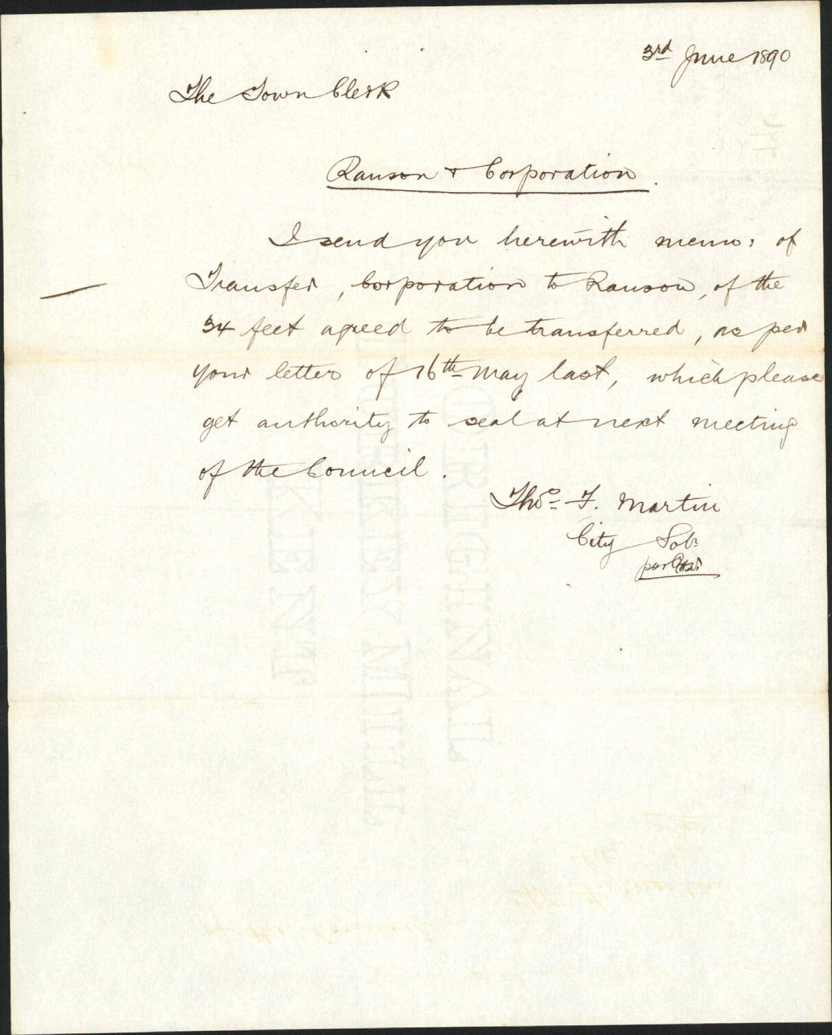 Transfer to Ranson - City Solicitor