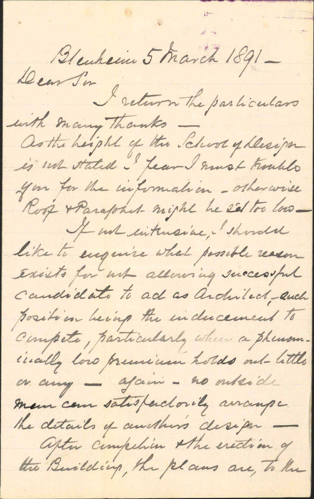 Designs for free public library - H B Huddlestone, Blenheim