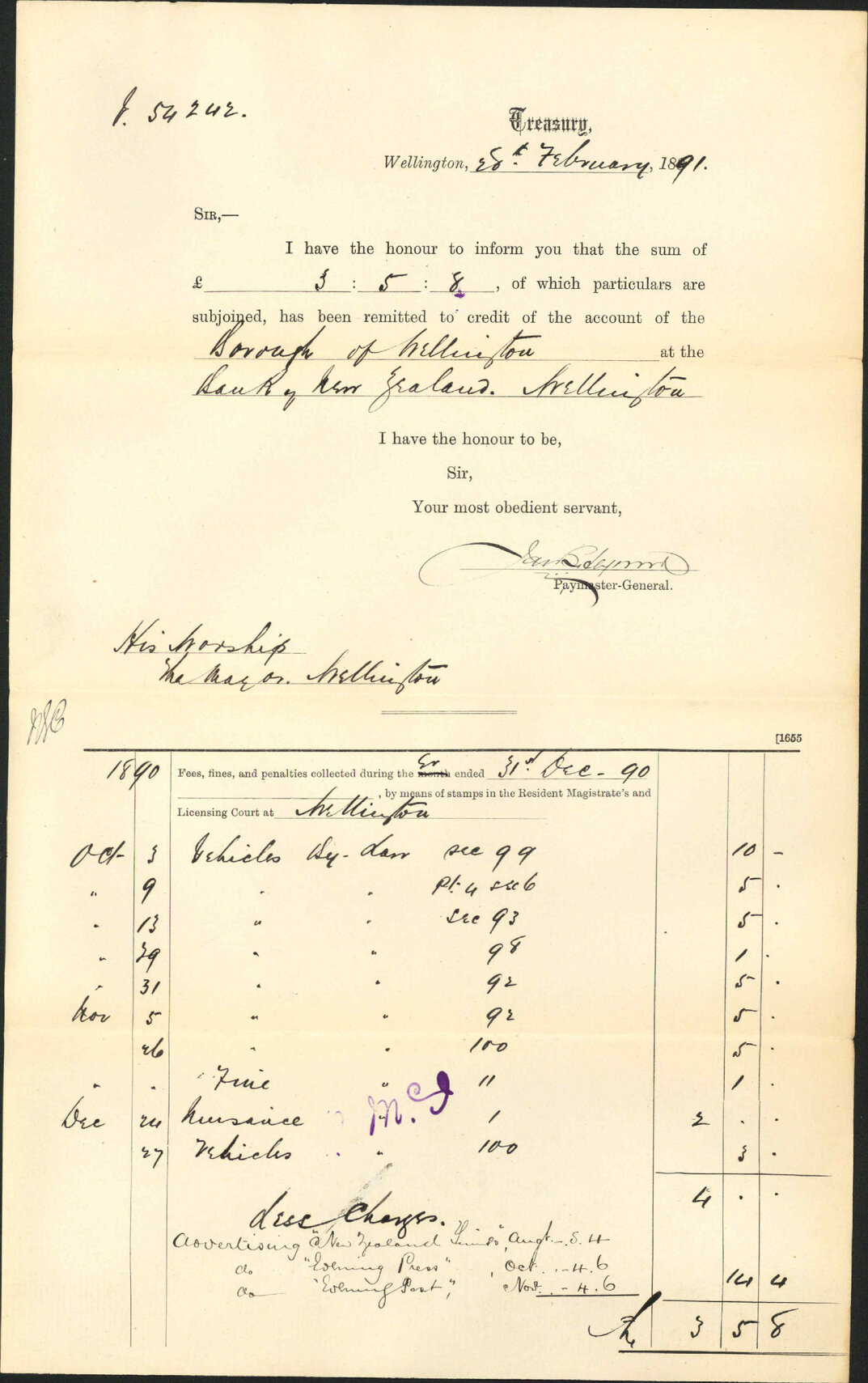 Advising payment of accounts - Treasury