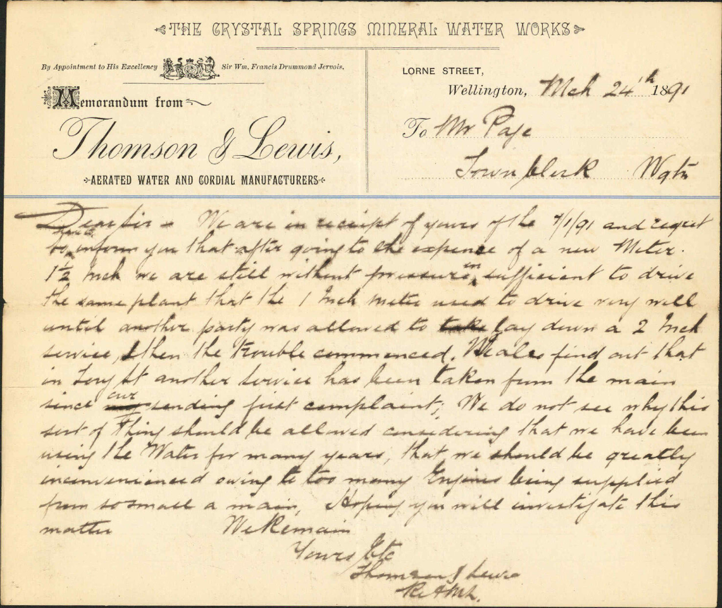 Water supply at their works - Thomson and Lewis