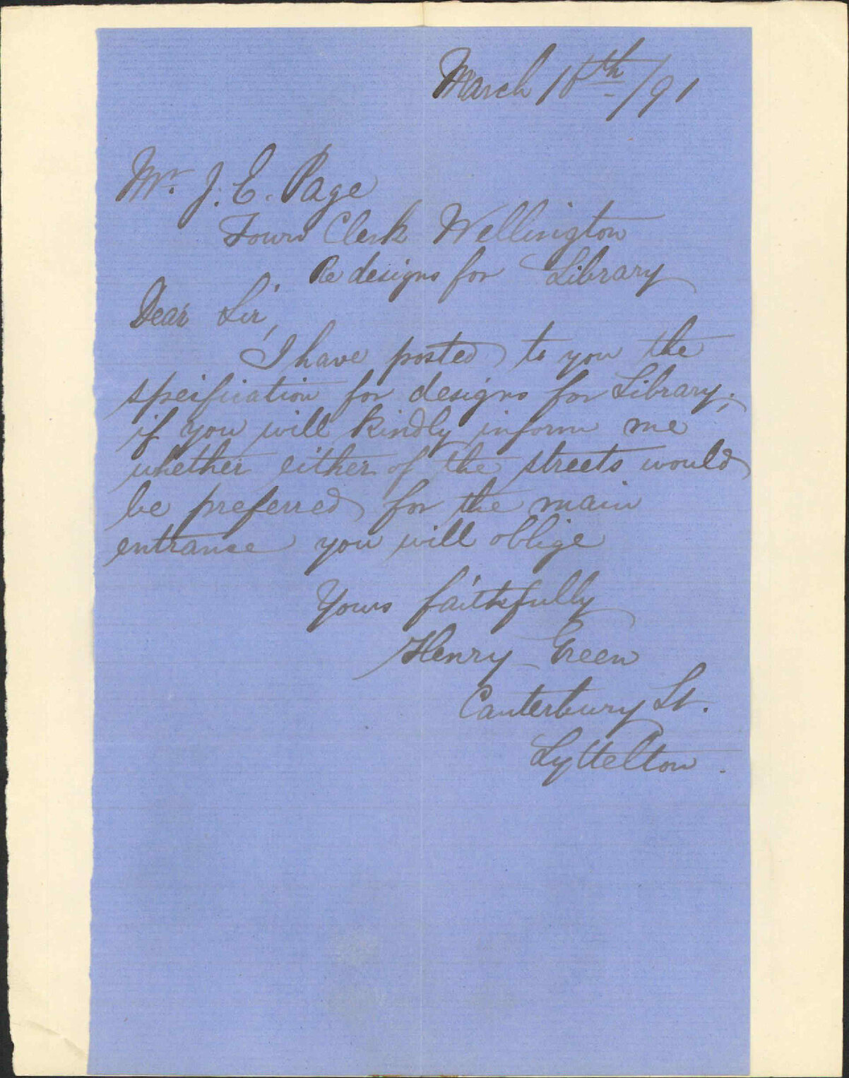 Design for free public library - Henry Green, Lyttelton