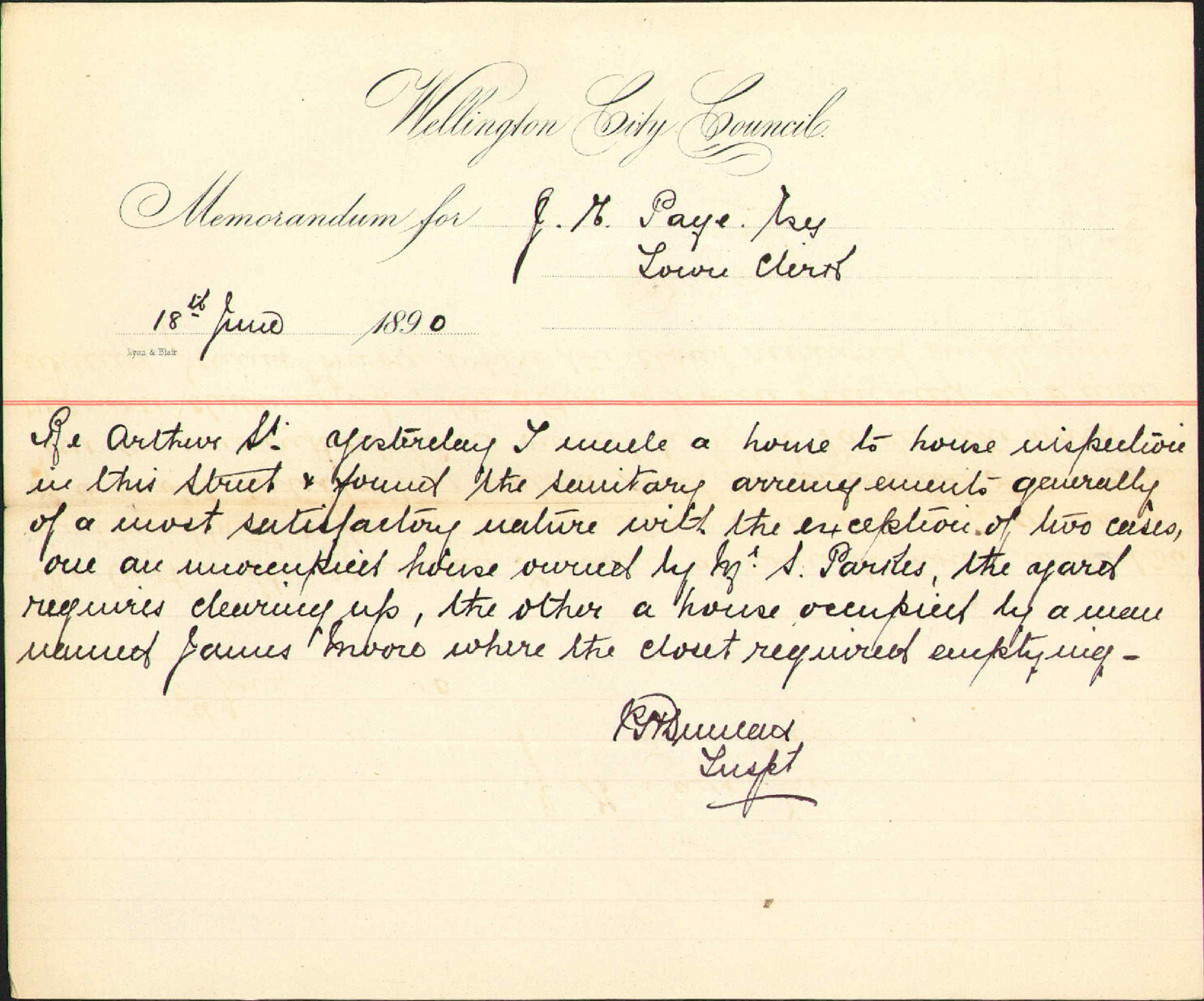 Report regarding Arthur Street - Inspector of Nuisances