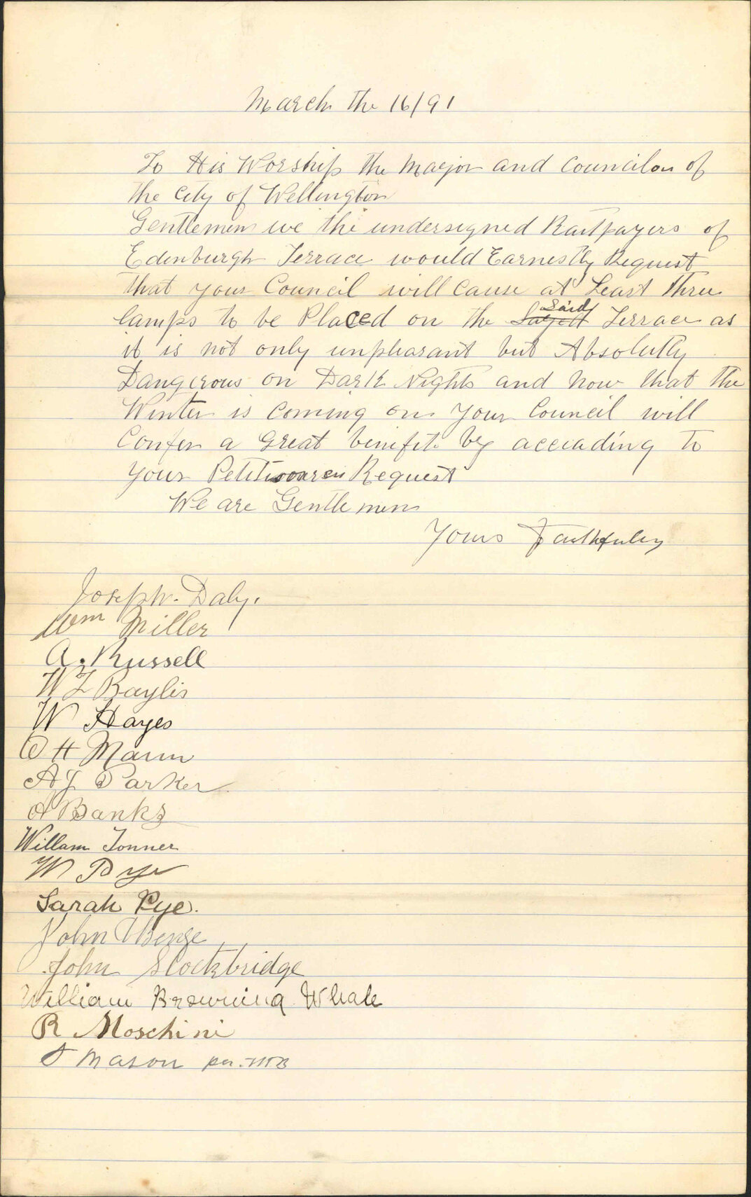 Asking for lighting at Edinburgh Terrace - Joseph Dale and Others