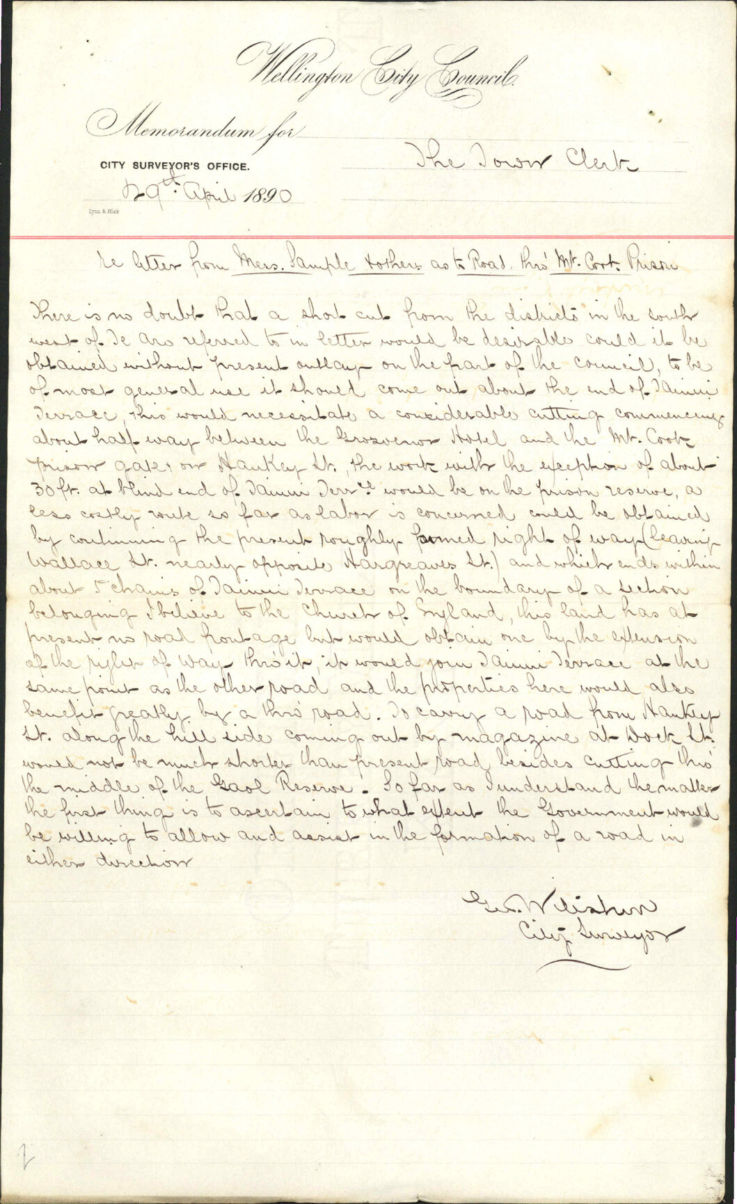 Proposed road through Mount Cook Prison Reserve - Colonial Secretary