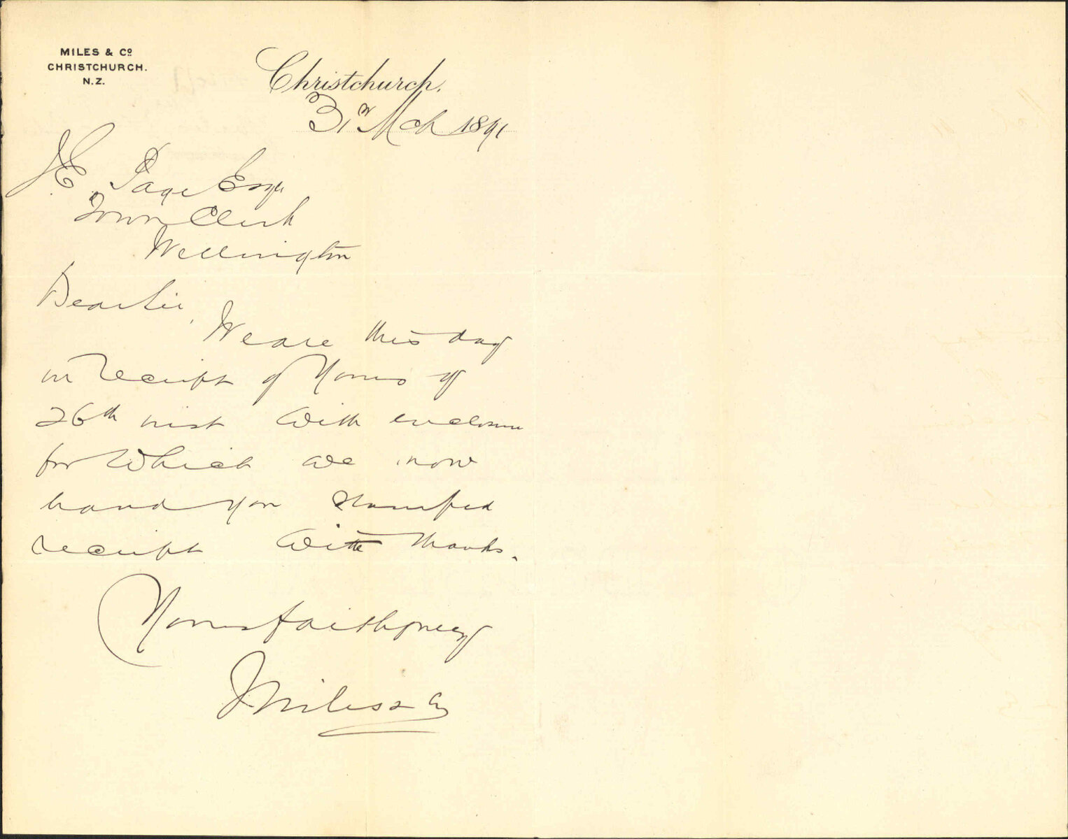 Acknowledging receipt of cheque - Miles and Company, Christchurch