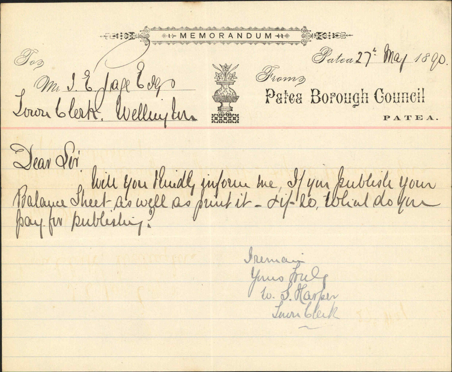 Enquiry regarding balance sheet - Town Clerk, Patea