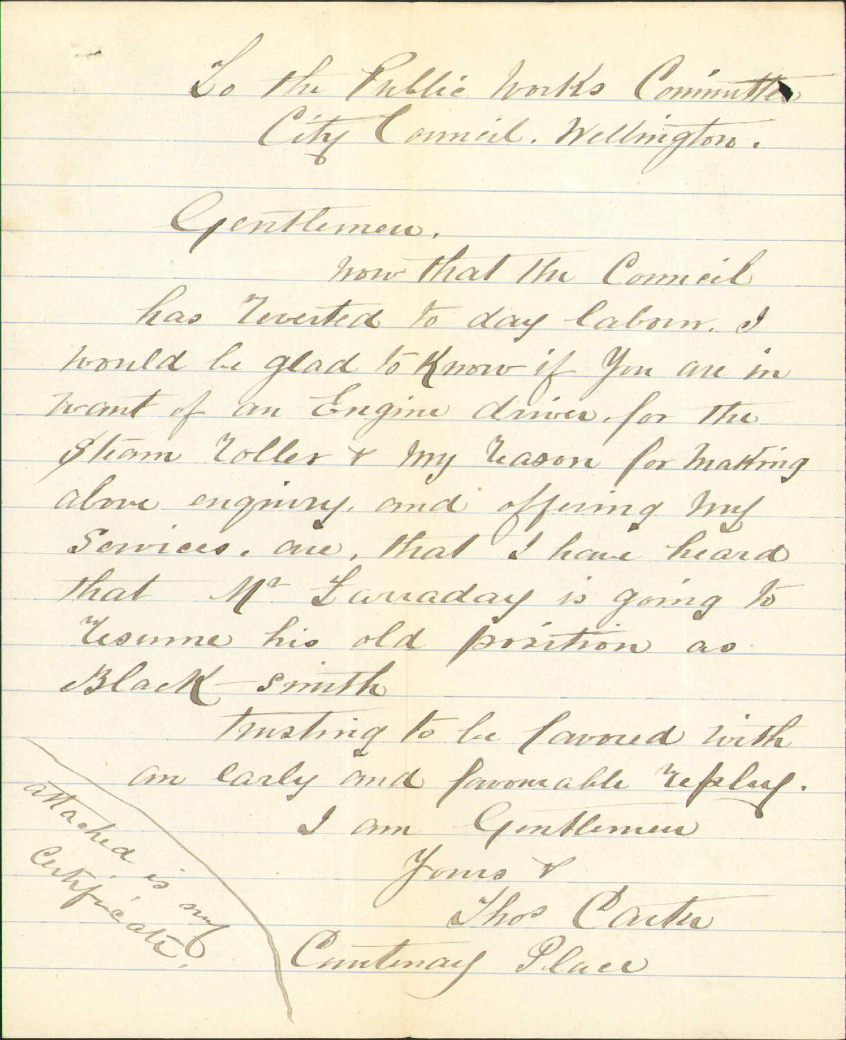 Asking for employment as engine driver - Thomas Carter