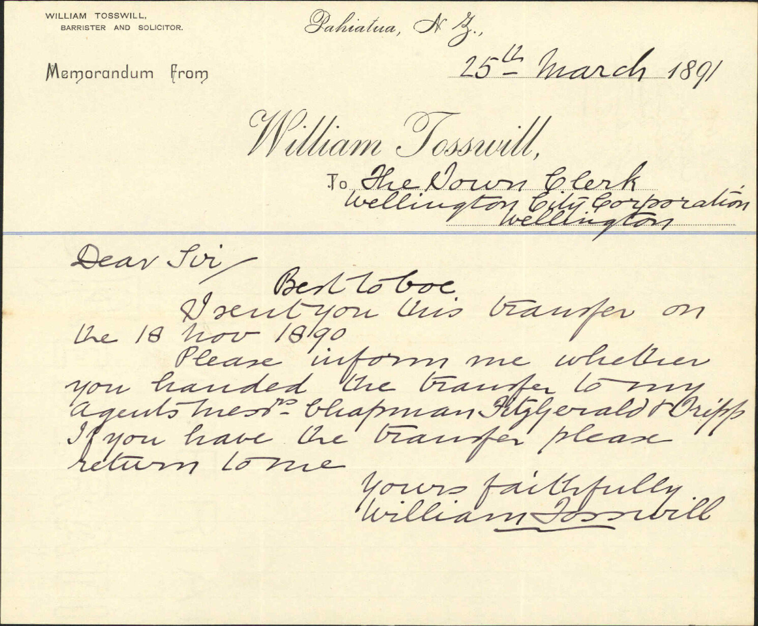 Loan of Pahiatua land - William Tosswill
