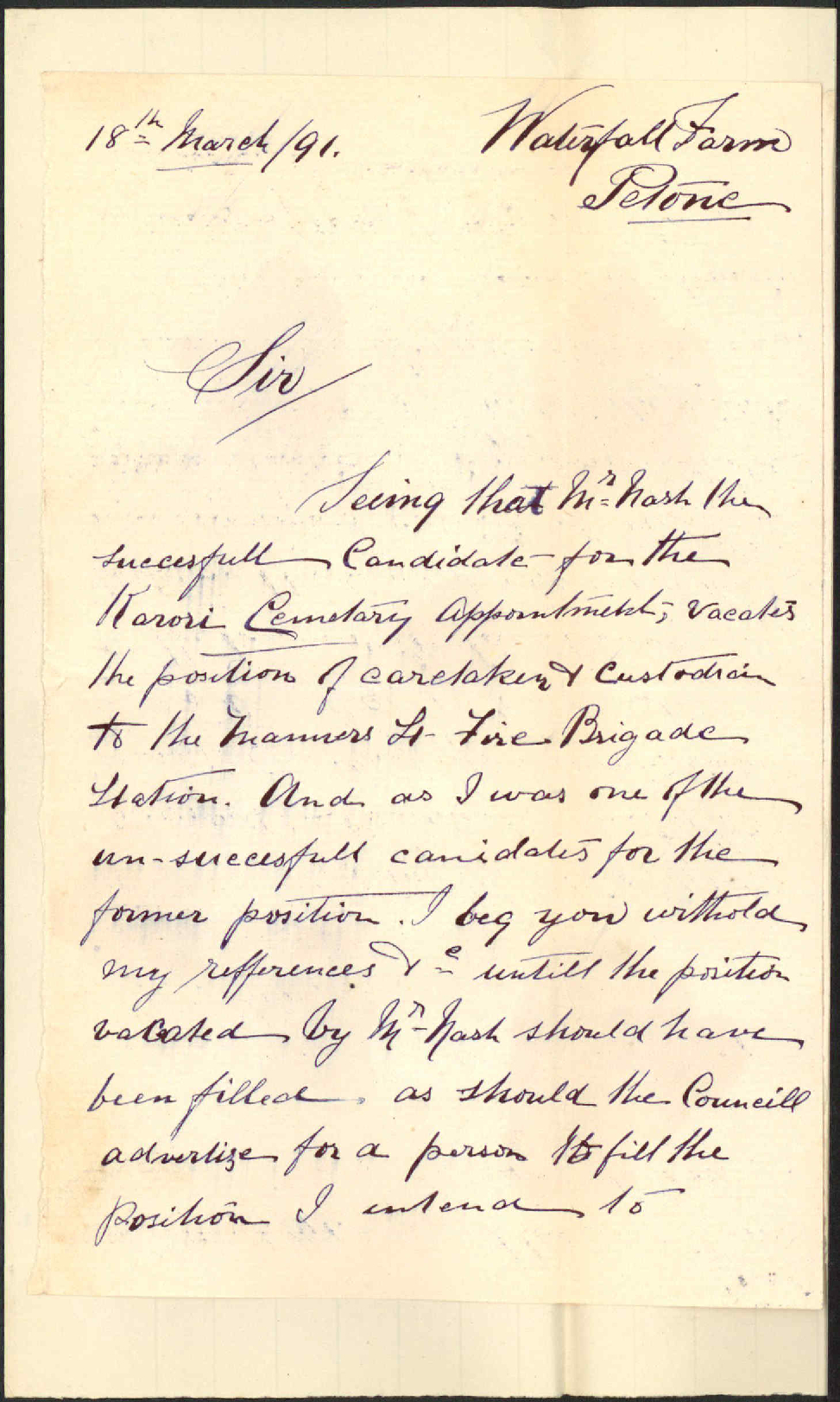 Application for post of station keeper - G J Langley, Picton