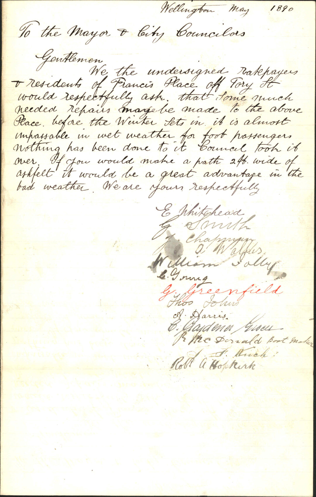 Asking for repairs to Francis Place - E Whitehead and others