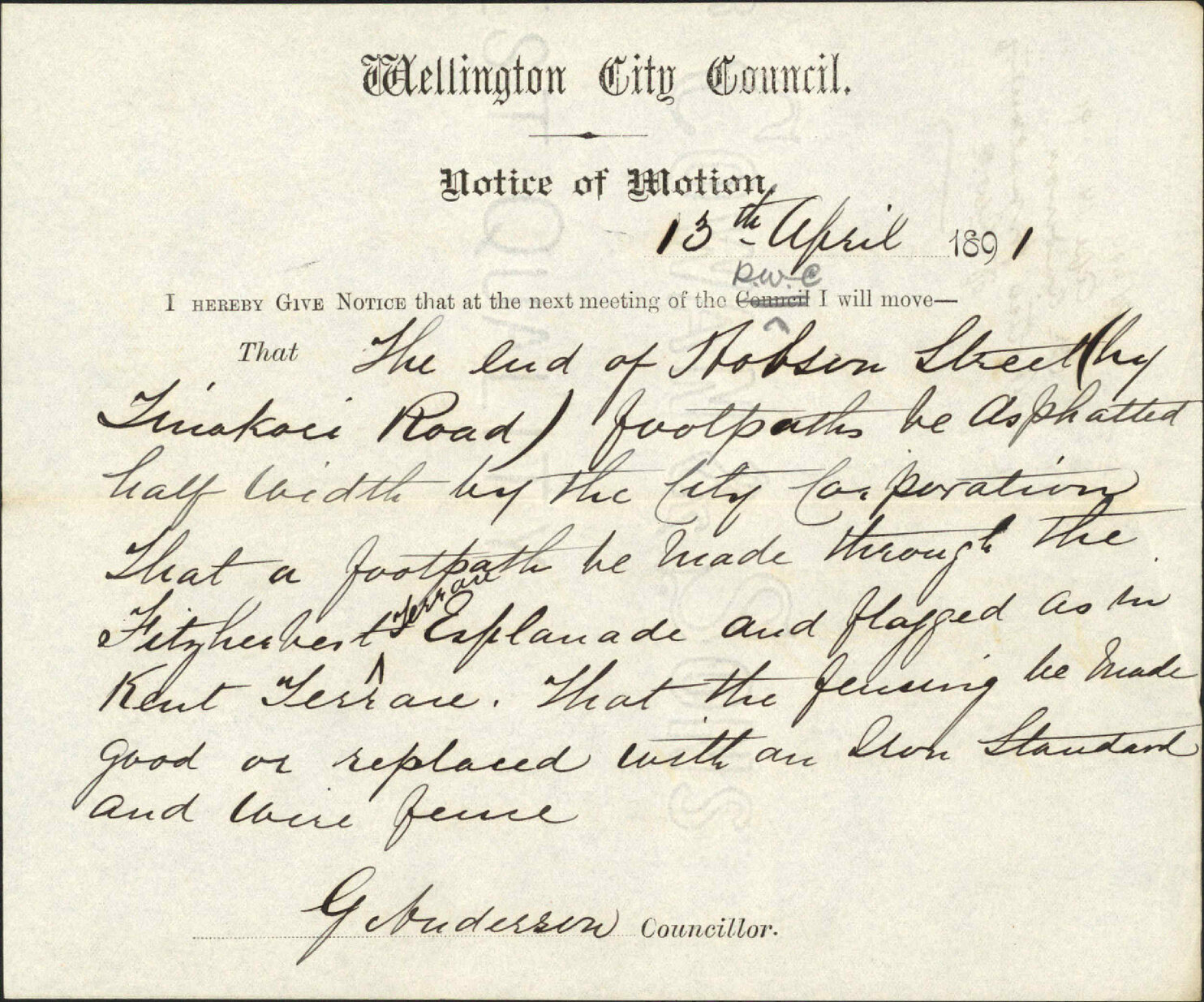 Notice for next meeting of P W C - Councillor Anderson