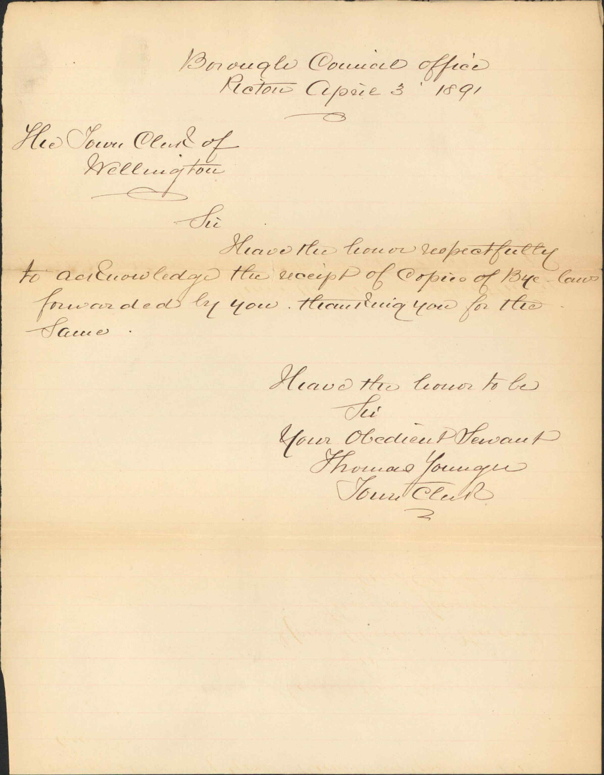 Acknowledging receipt of copies of bylaws - Town Clerk, Nelson