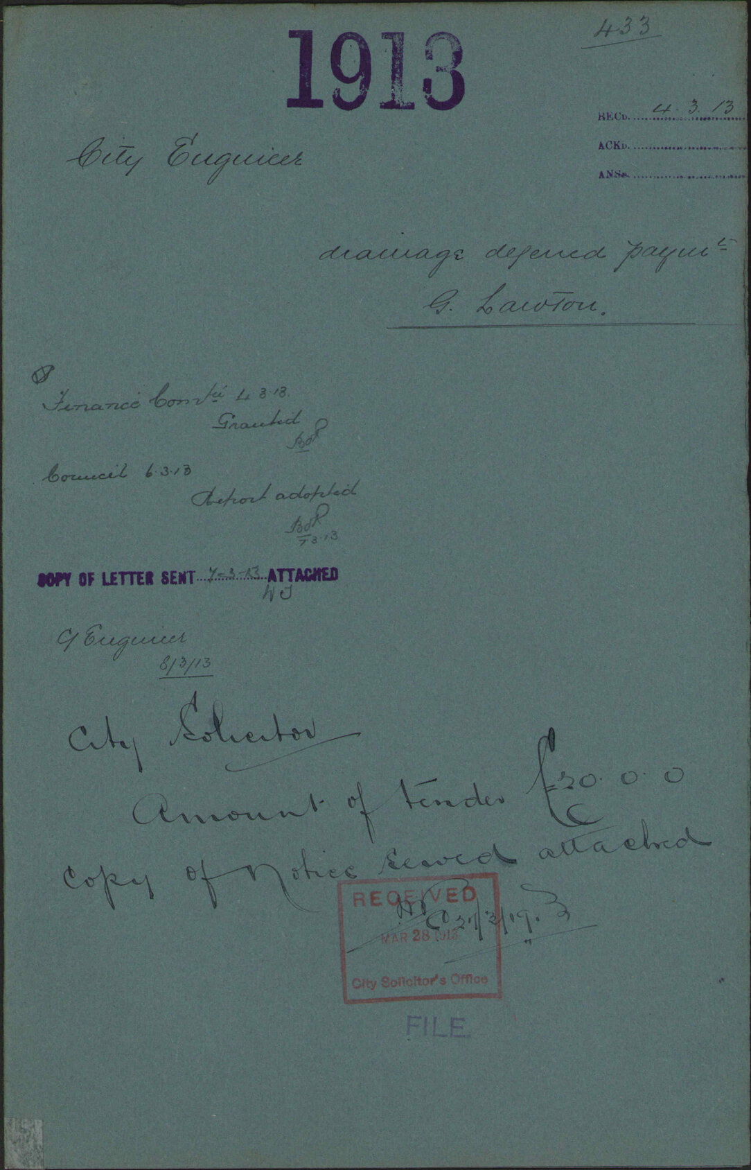 Drainage, deferred payment, G Lawton - City Engineer