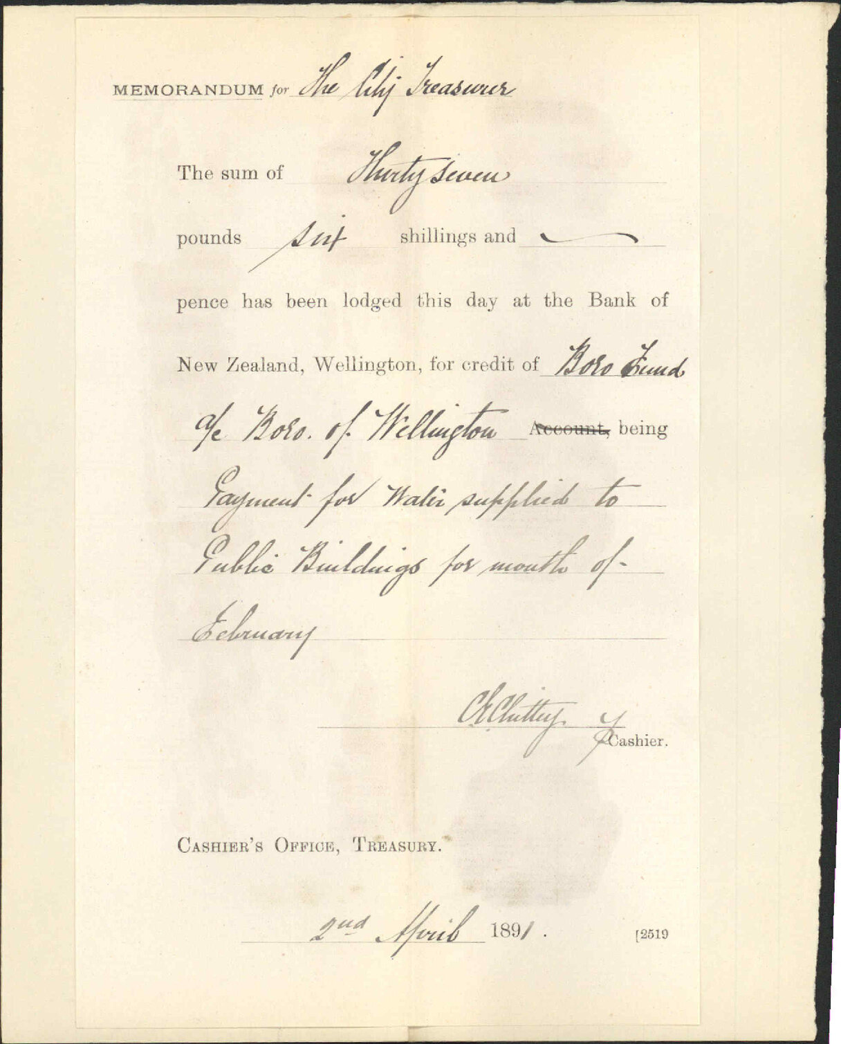 Advising payment of account - Treasury