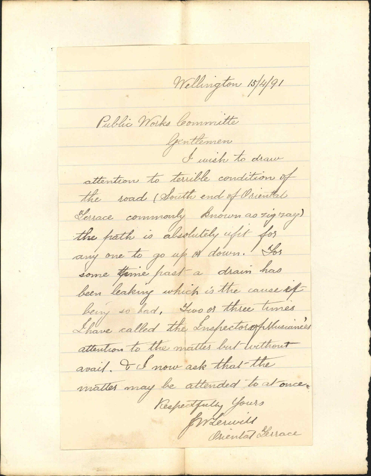 Asking for repairs at Oriental Terrace - J W Lerwill