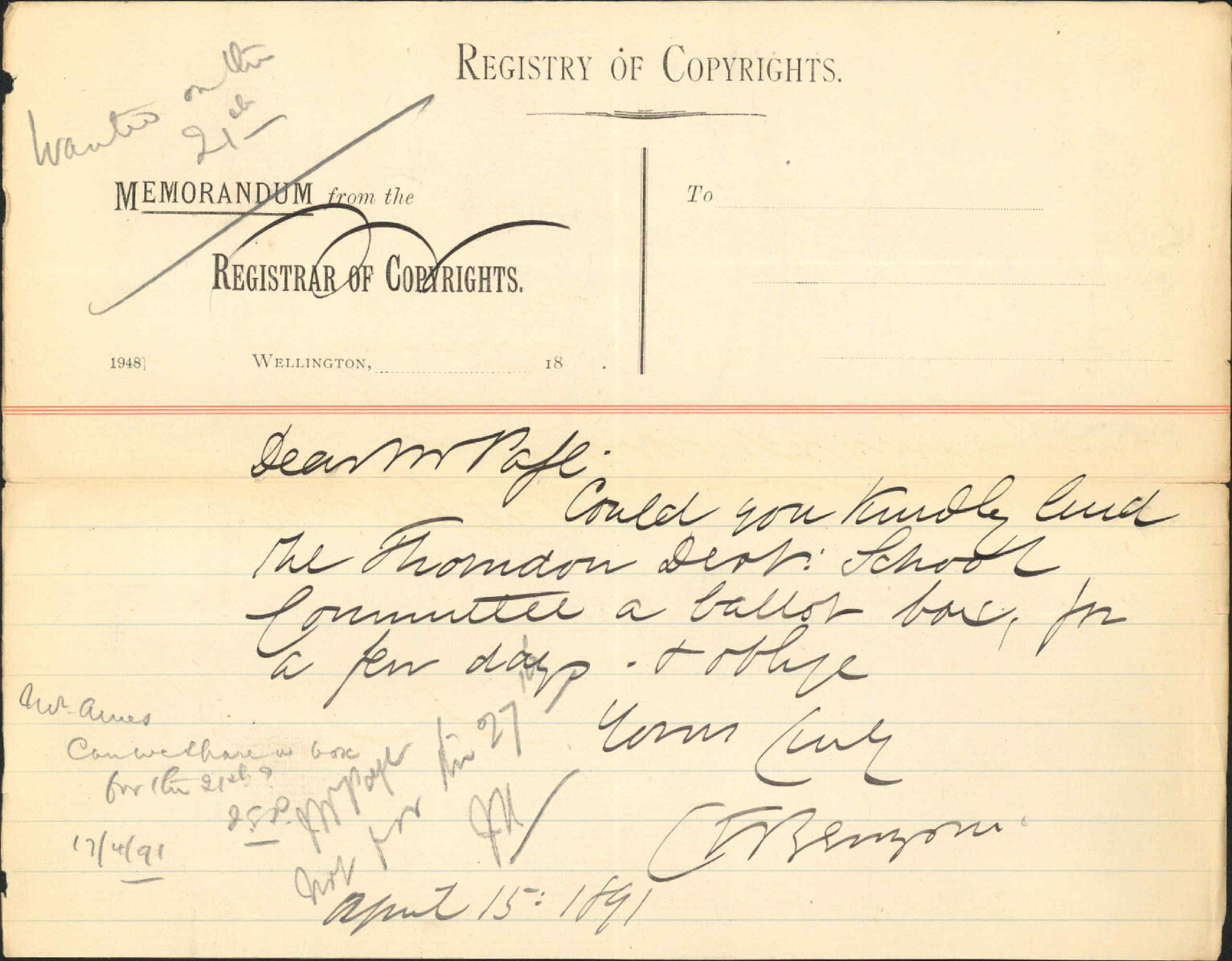 Asking loan of ballot box - Thorndon School Committee