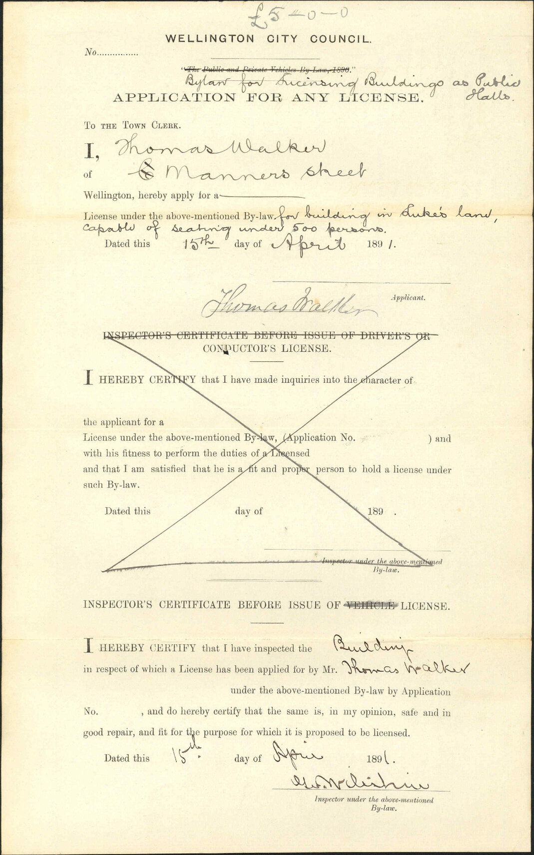 Application for a public hall license - Thomas Walker