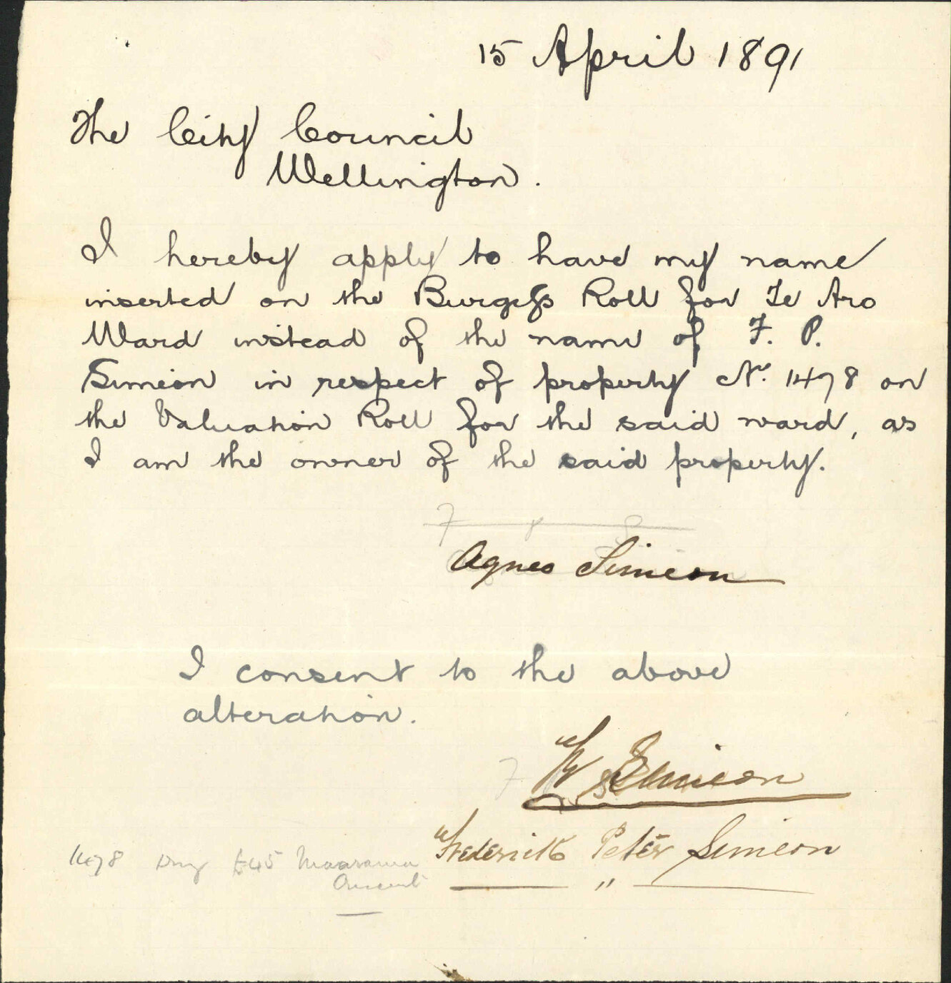 Application to be placed on the Burgess Roll - F P Simeon