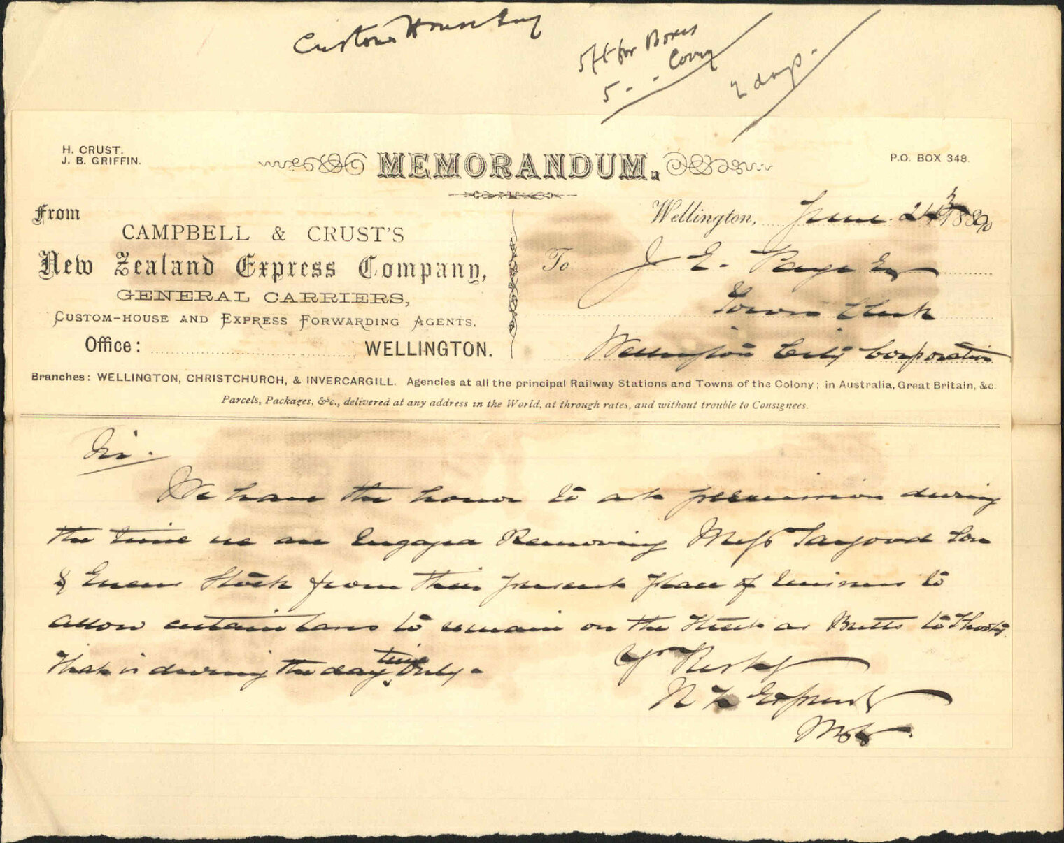 Asking leave to occupy portion of the street (Customhouse Quay) - New Zealand Express Company
