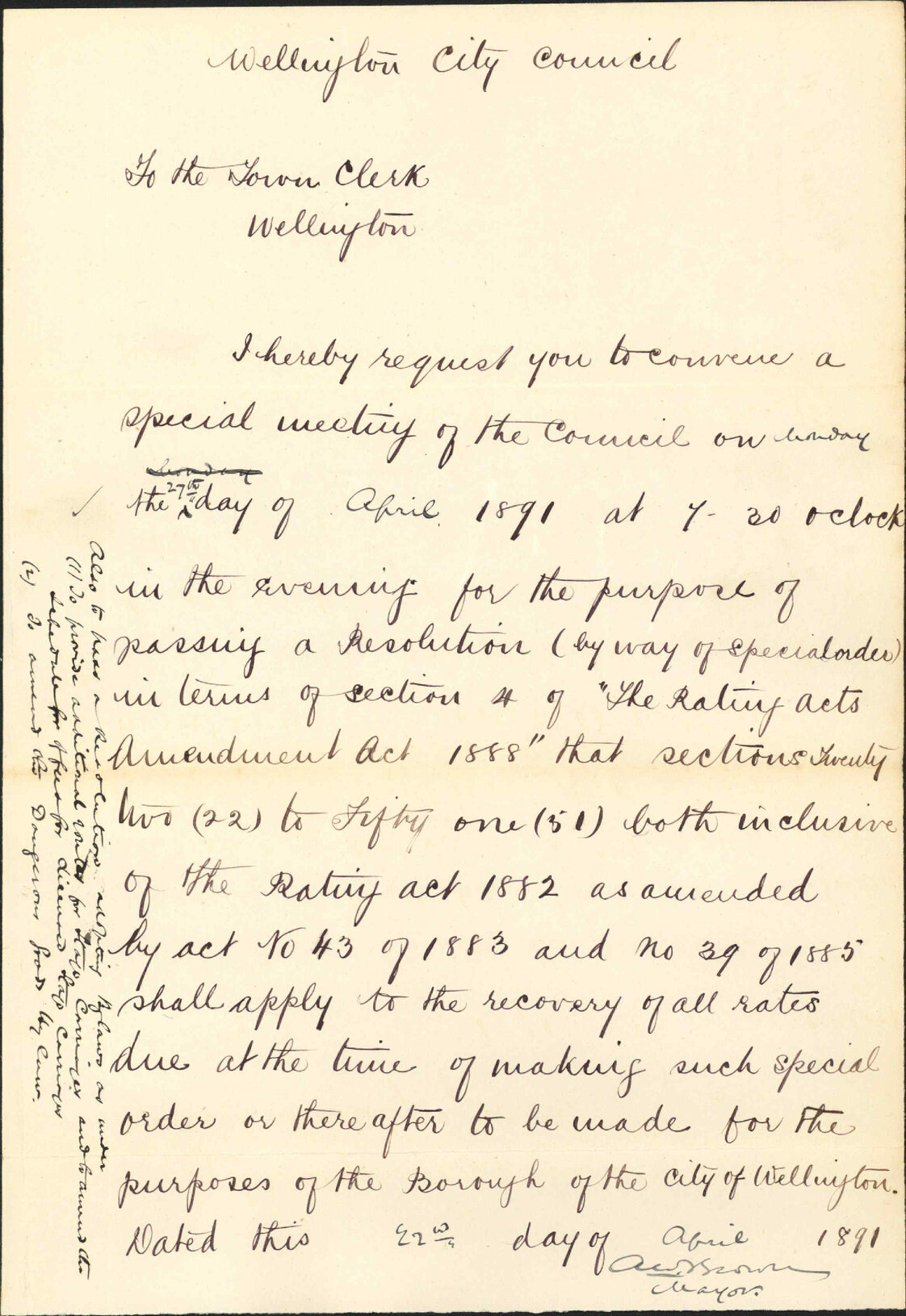 Requisition for special meeting on 27th instant - The Mayor of Wellington