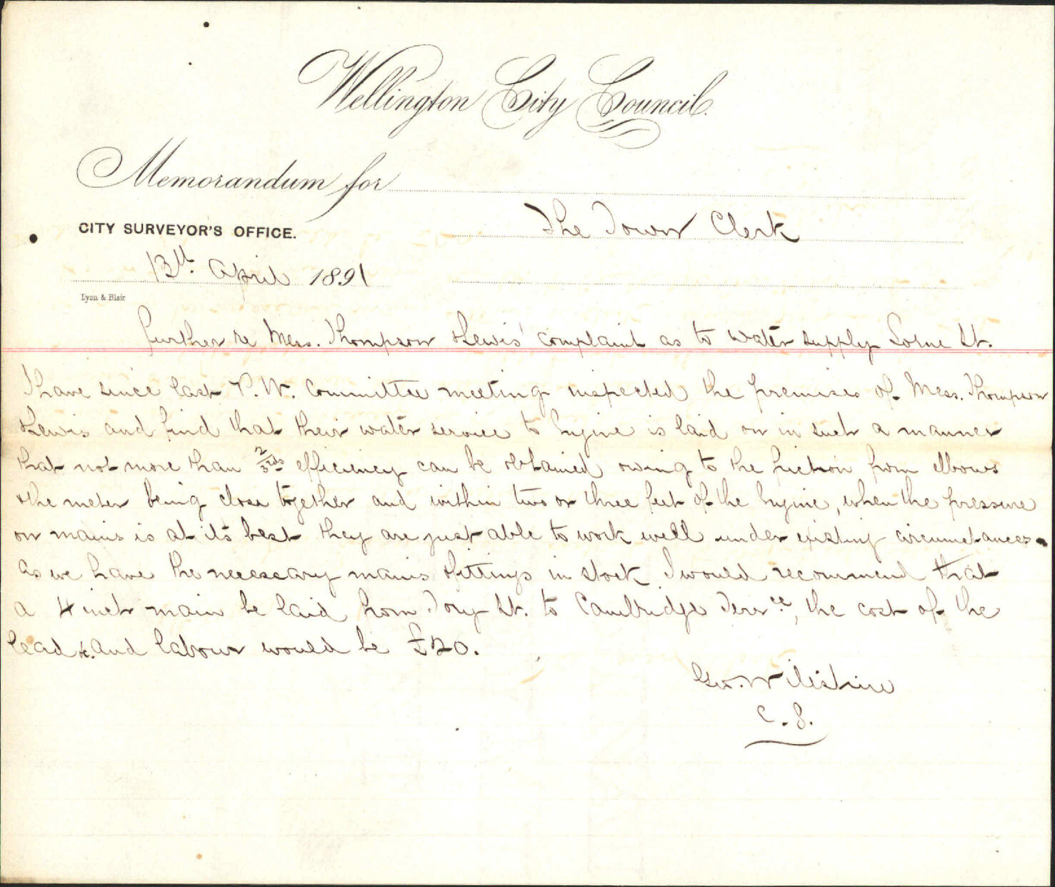 Thomson and Lewis's water supply - City Surveyor