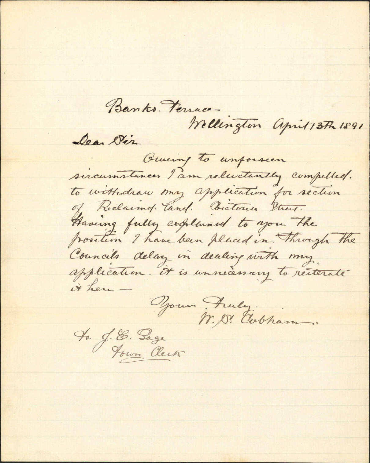 Cannot take up the section of land - W S Cobham