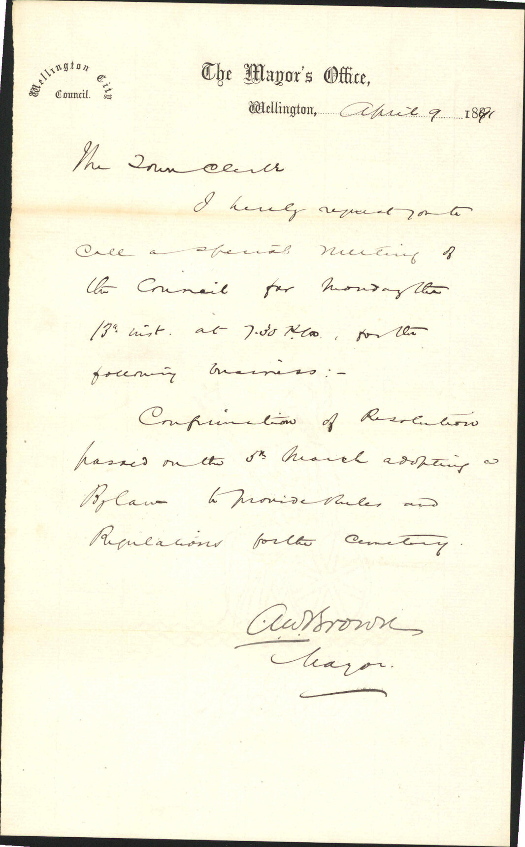 Requisition for special meeting - The mayor
