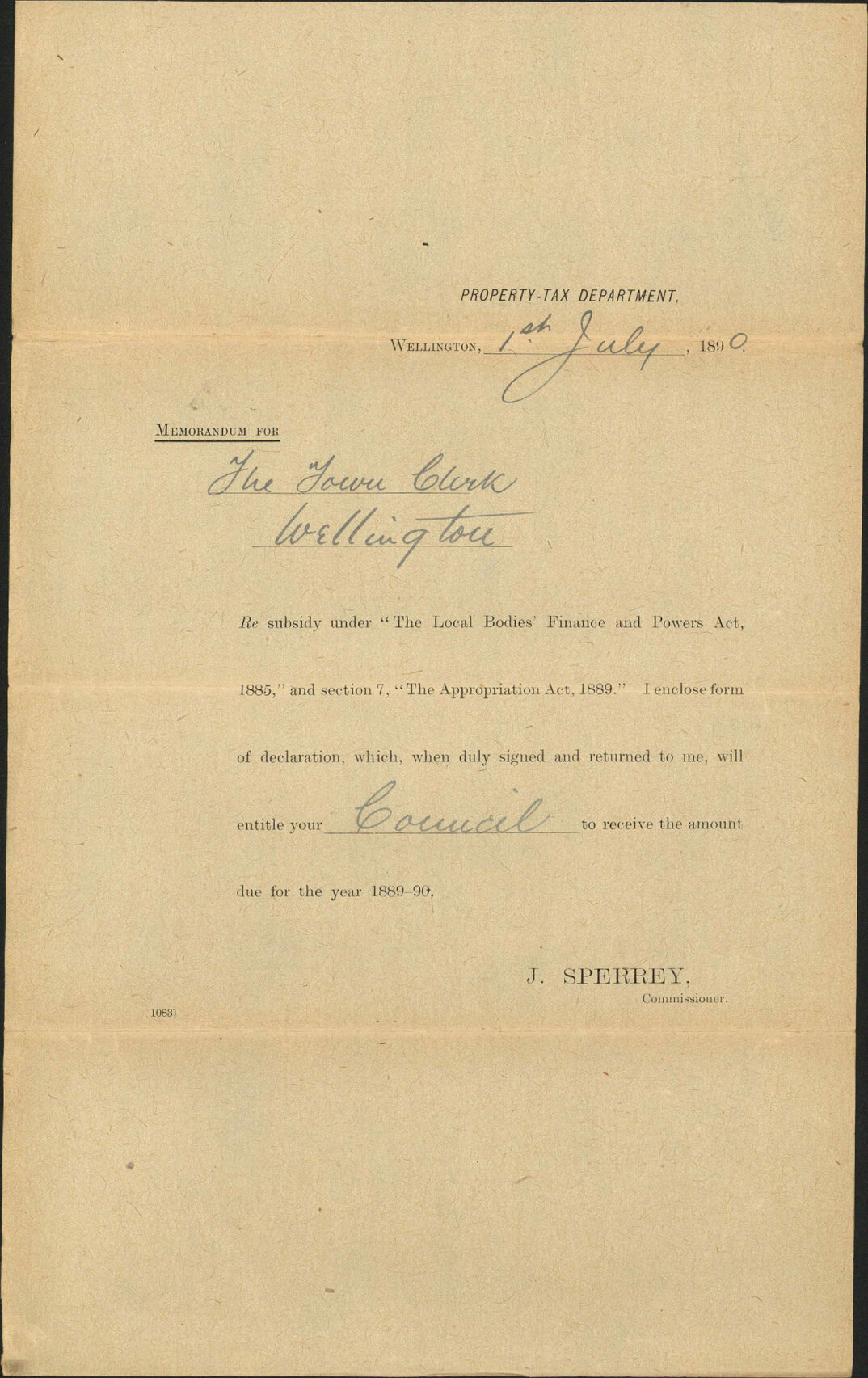 Subsidy for 1889-1890 - Property-Tax Department