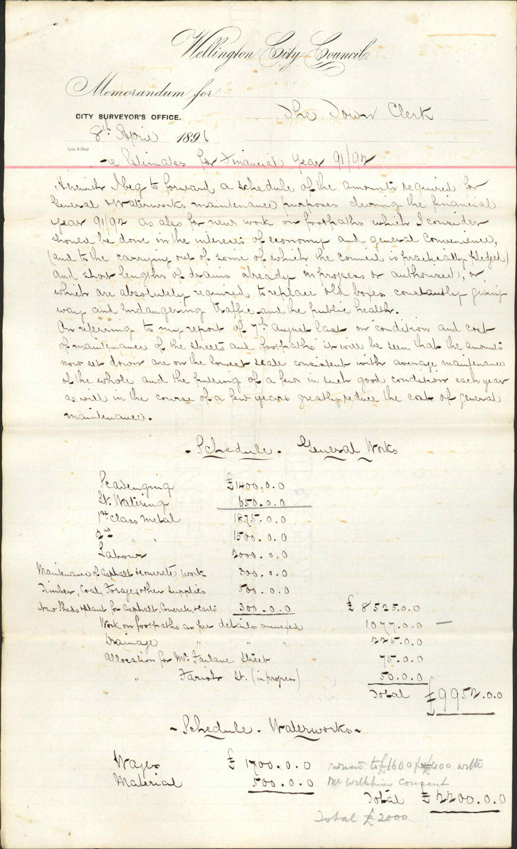 Estimates for 1891-2 - City Surveyor