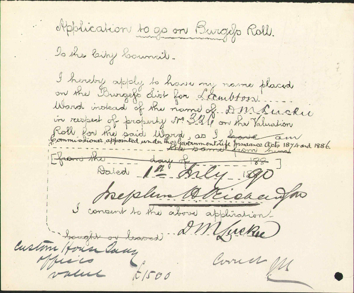 Application to be placed on Burgess Roll - J H Richardson