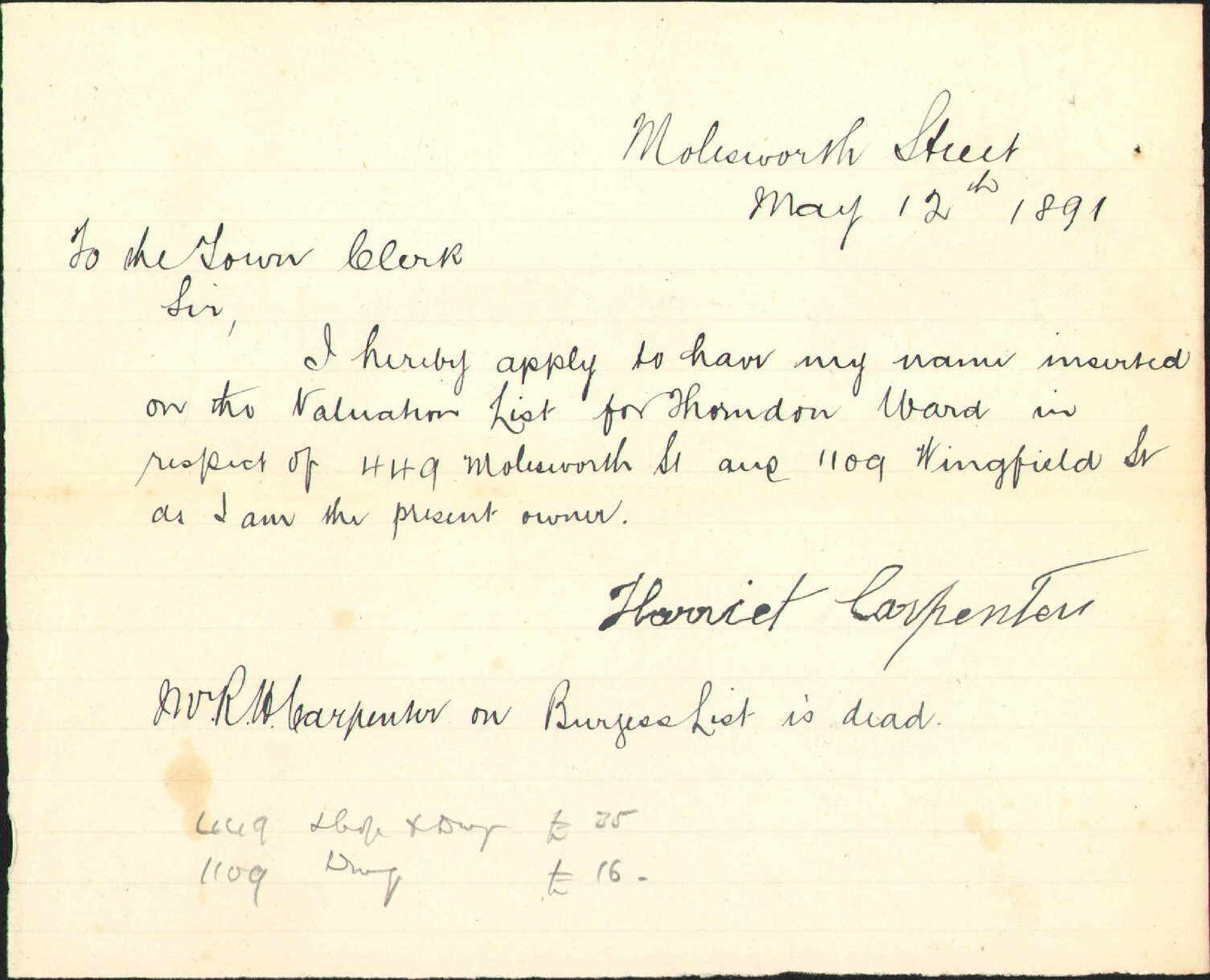 Asking to be placed on the Burgess Roll - W Carpenter