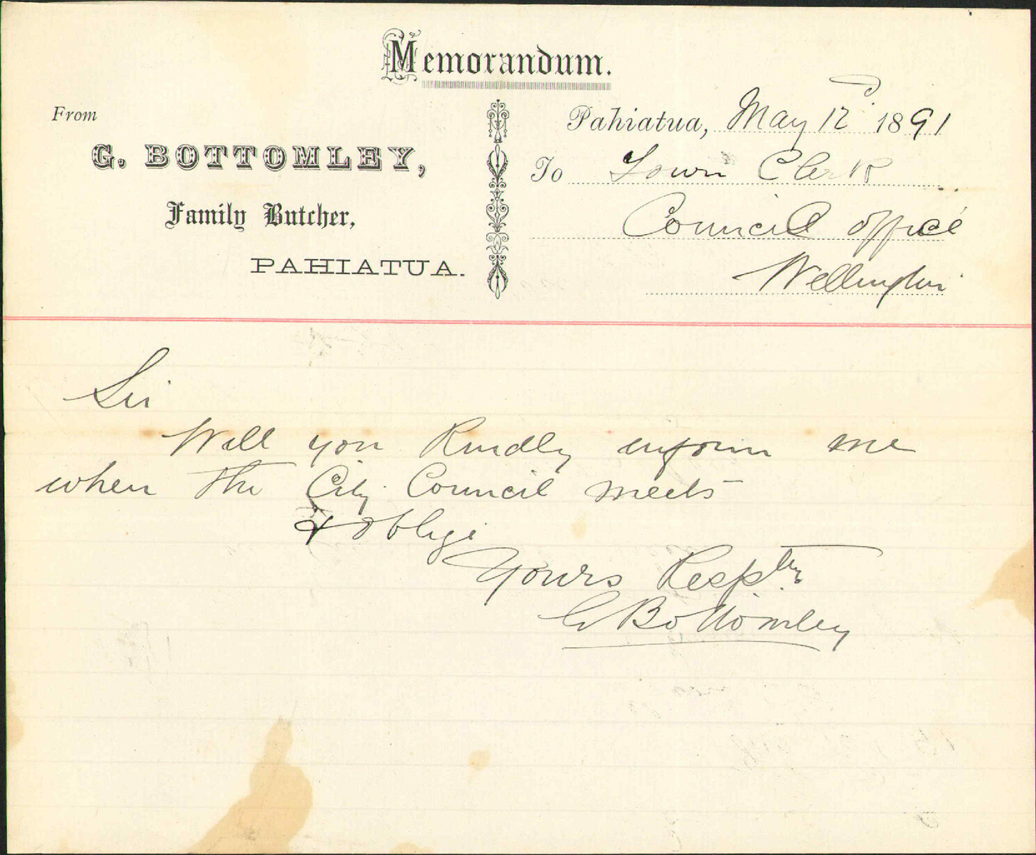 Enquiry regarding meeting at council - G Bottomley, Pahiatua
