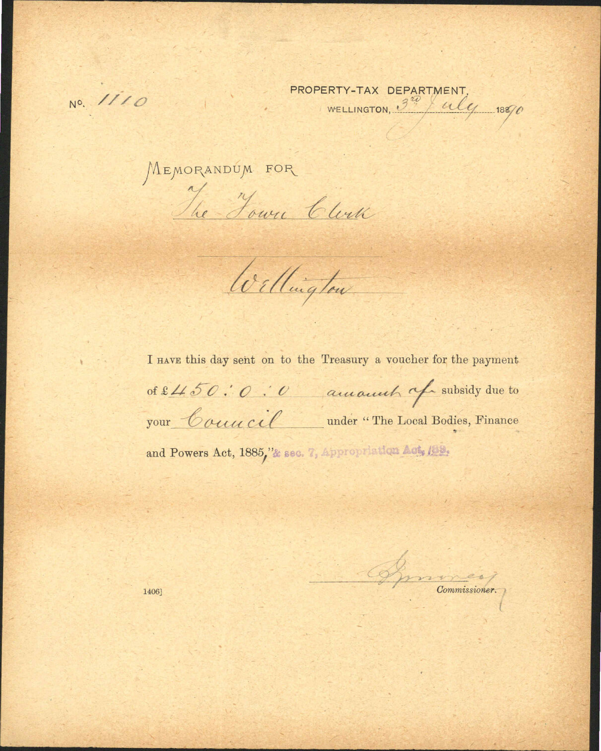 Subsidy for 1889-1890 - Property-Tax Department