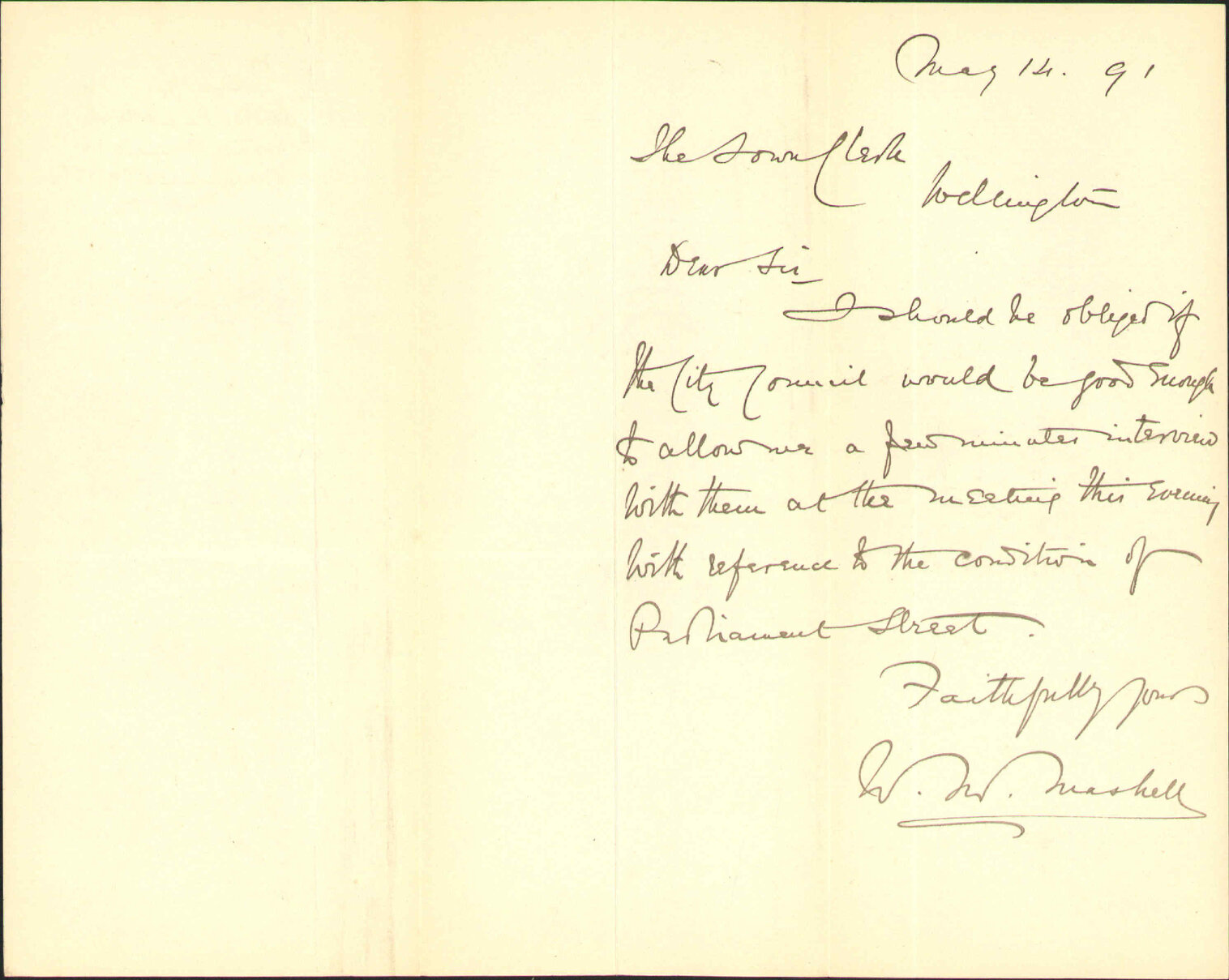 To attend council regarding Parliament Street - W M Maskell