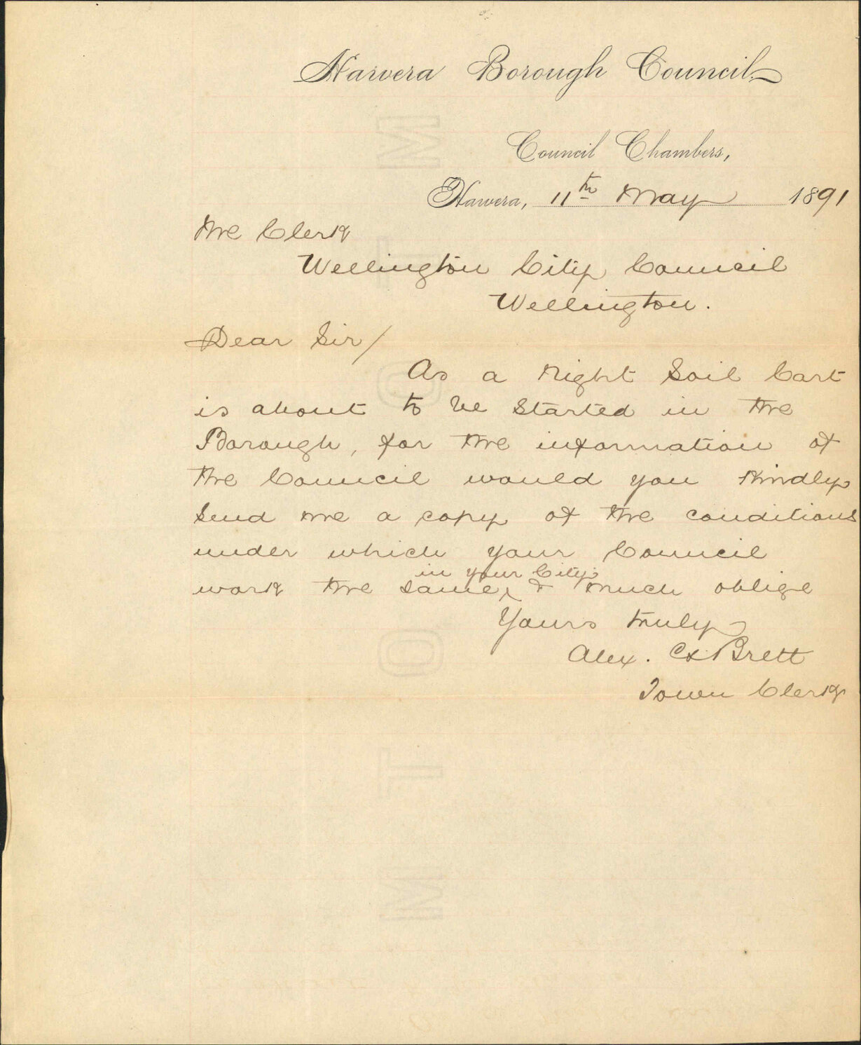 Enquiry regarding Night Carts - Town Clerk, Hawera