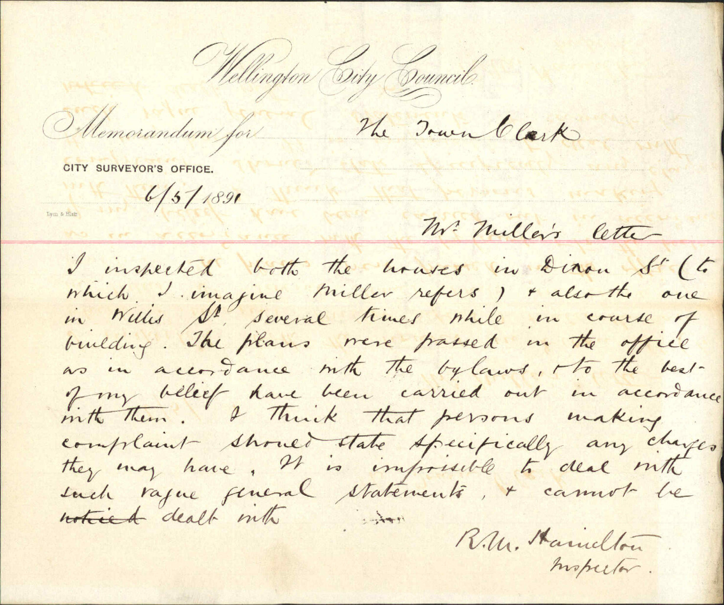 Mr Miller's enquiry - Inspector of Buildings