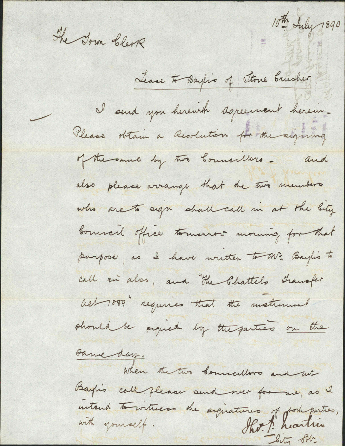 Loan of stone-crusher to G H Baylis - City Solicitor