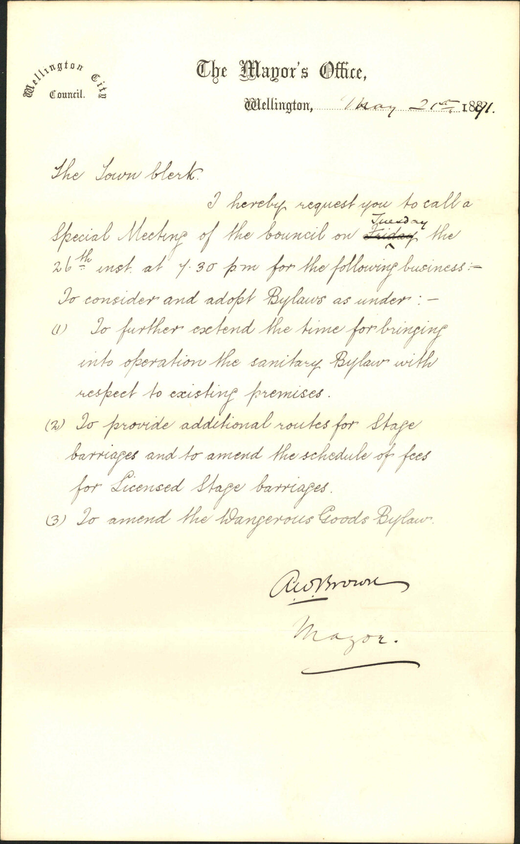 Requisition for special meeting on May 26th - the Mayor