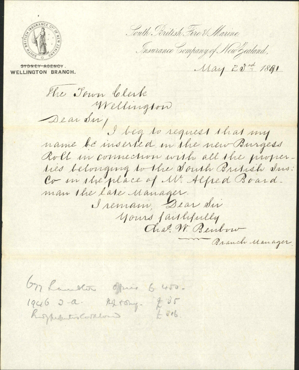 Asking alteration of Burgess Roll - E W Benbow
