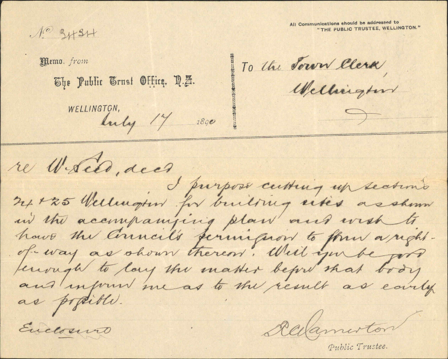 Asking consent to right of way - Public Trustee
