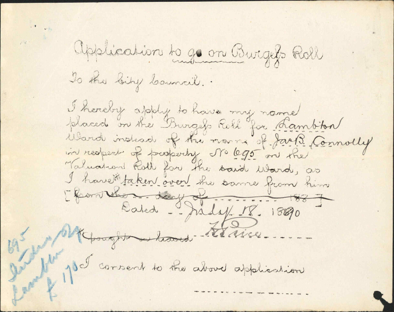 Application to be placed on Burgess Roll - H Price