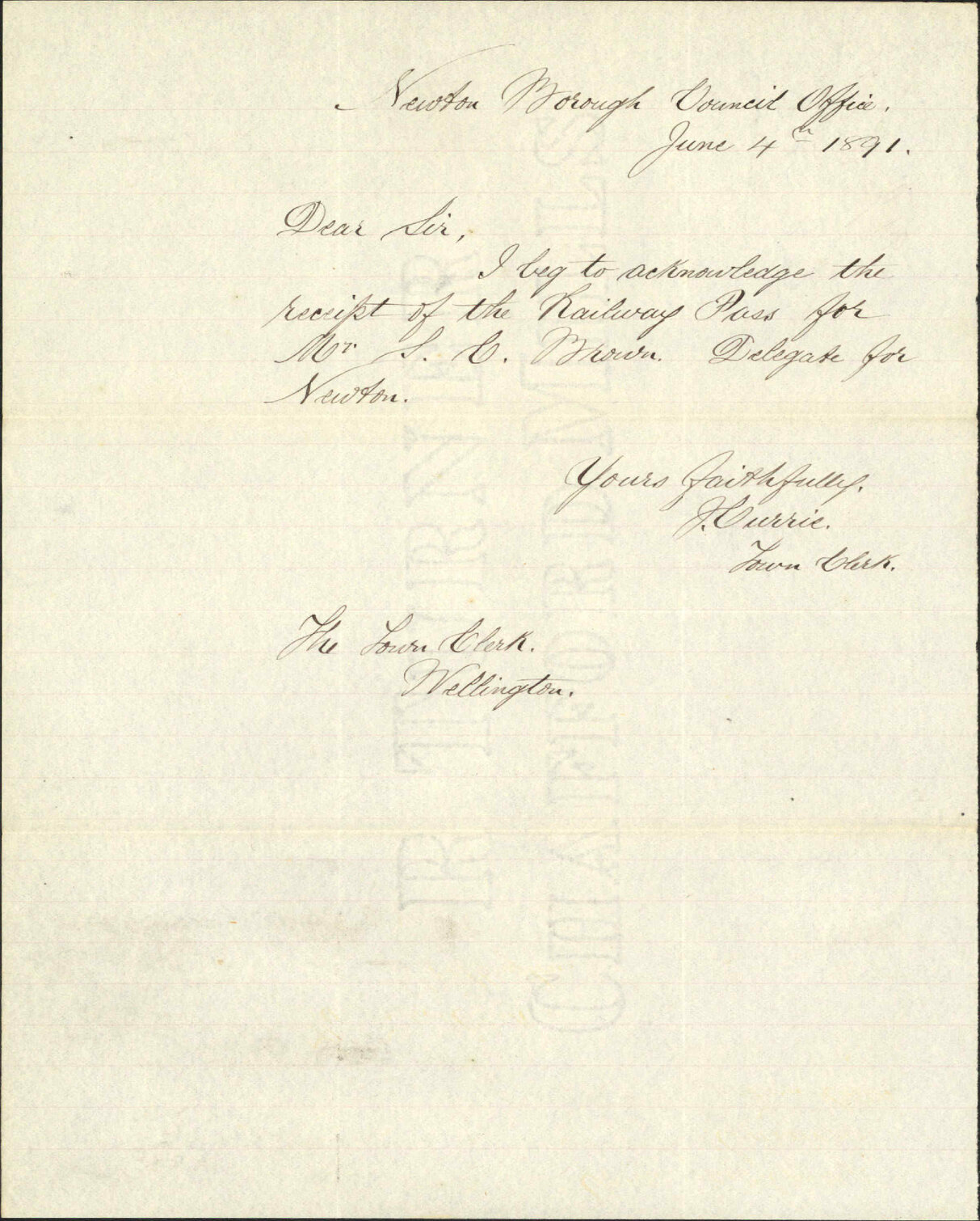 Railway pass - Town Clerk, Newton