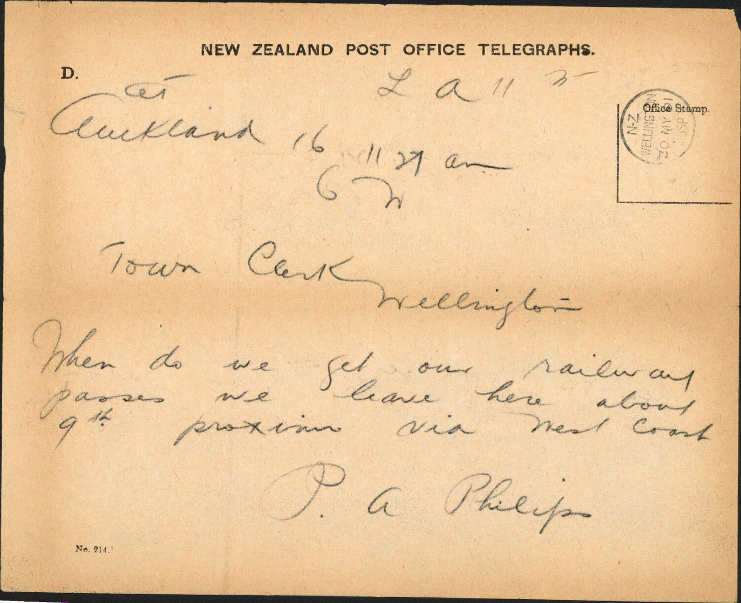 Enquiry regarding railway pass - Town Clerk, Auckland