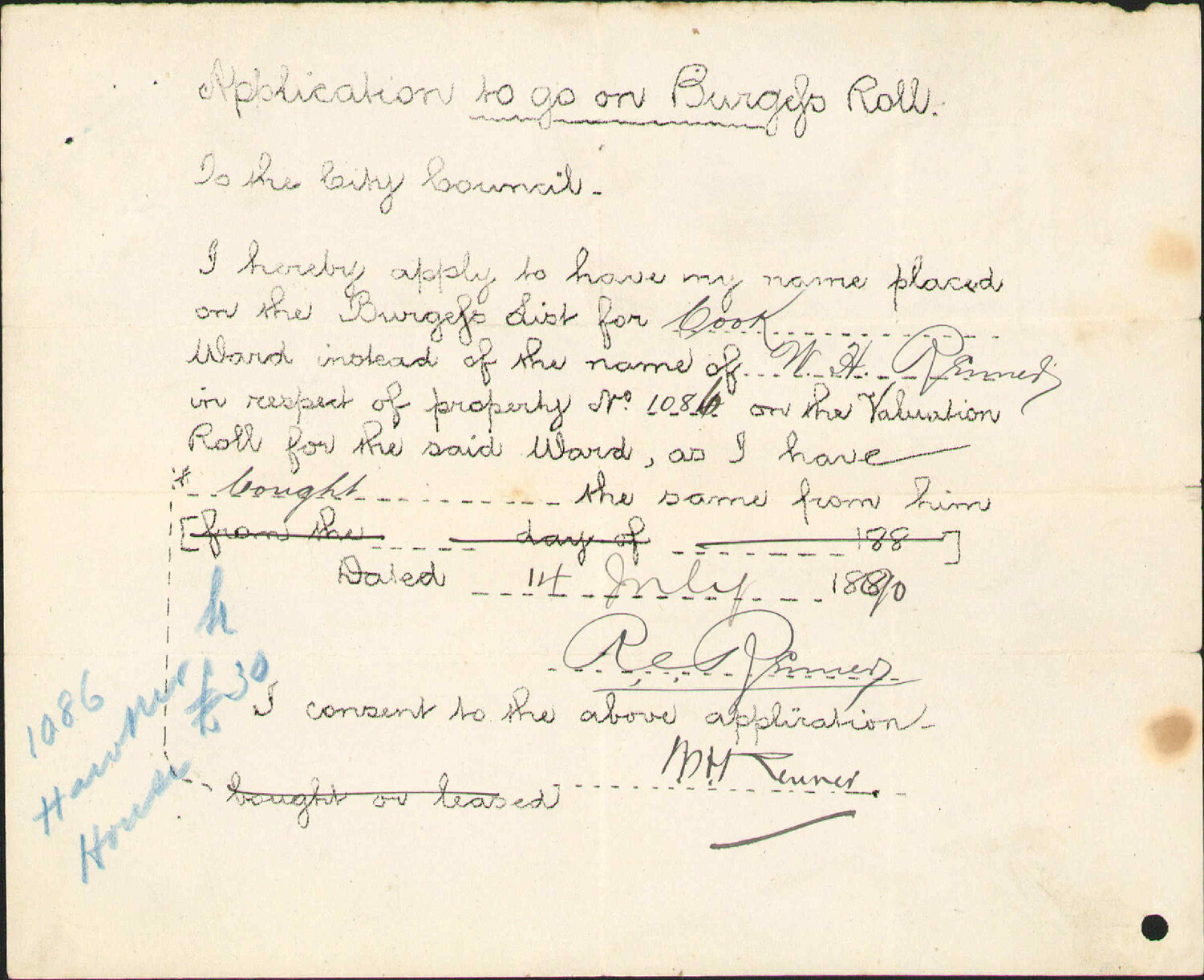 Asking to be placed on Burgess Roll - R C Renner