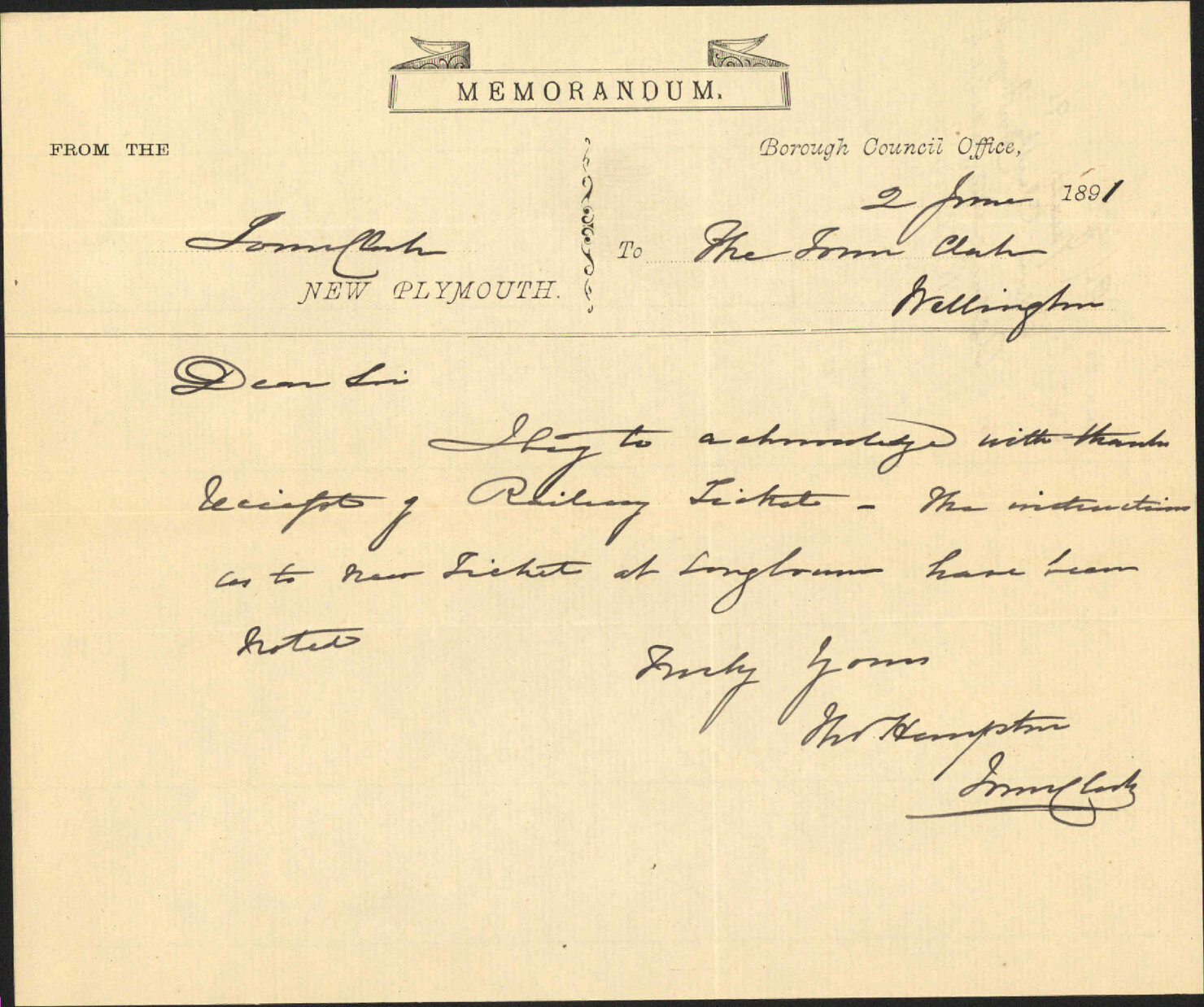 Acknowledging receipt of railway pass - Town Clerk, New Plymouth