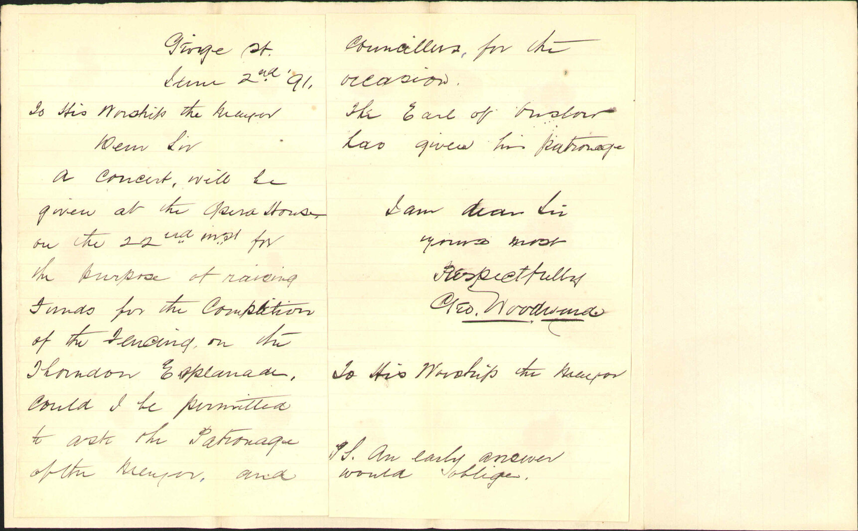 Asking patronage of the Council to a concert (Thorndon Esplanade) - George Woodward